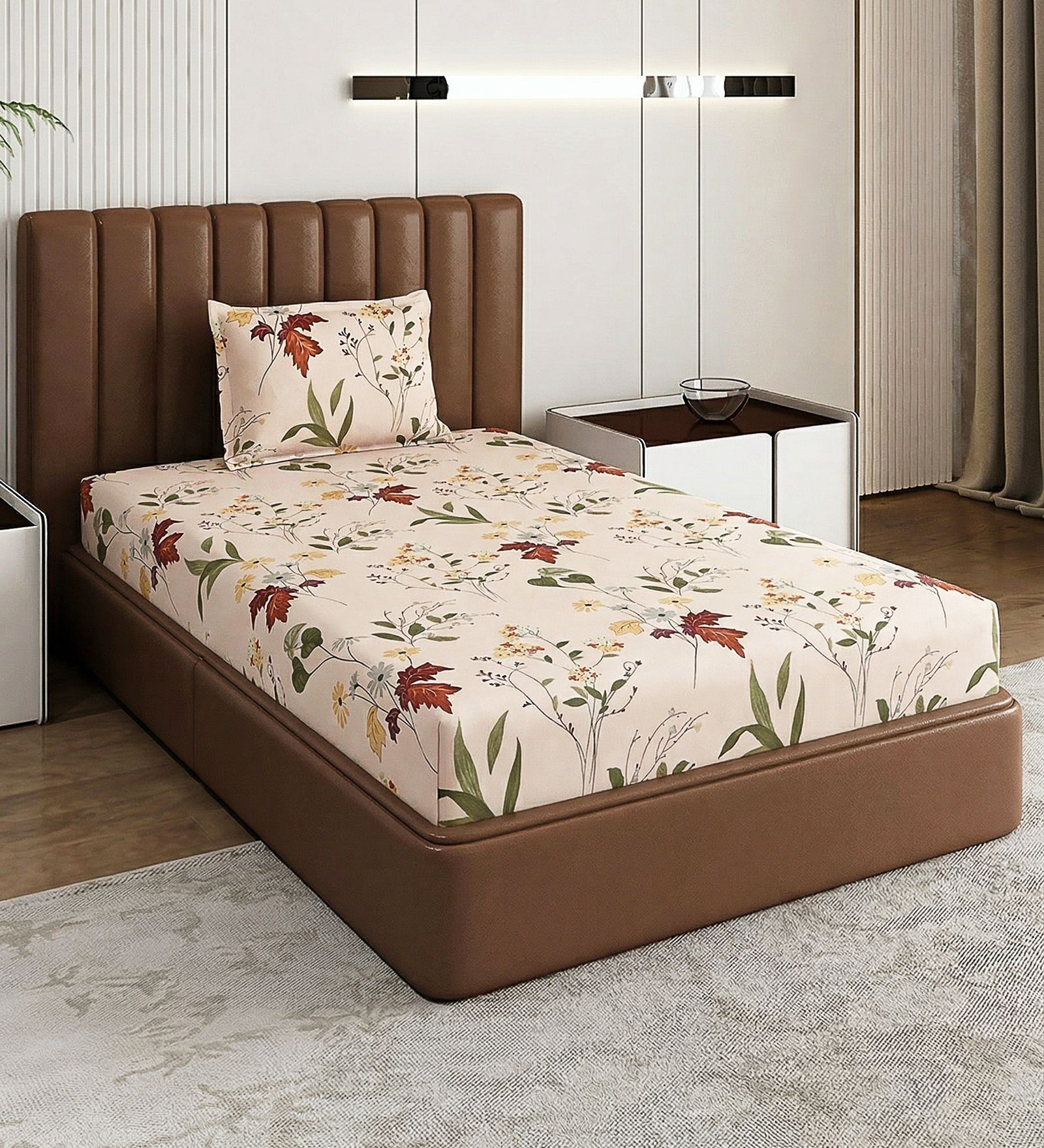 Beige Floral 180 TC Polyester Bedsheet With Single Size Bedsheet With 1 Pillow Cover