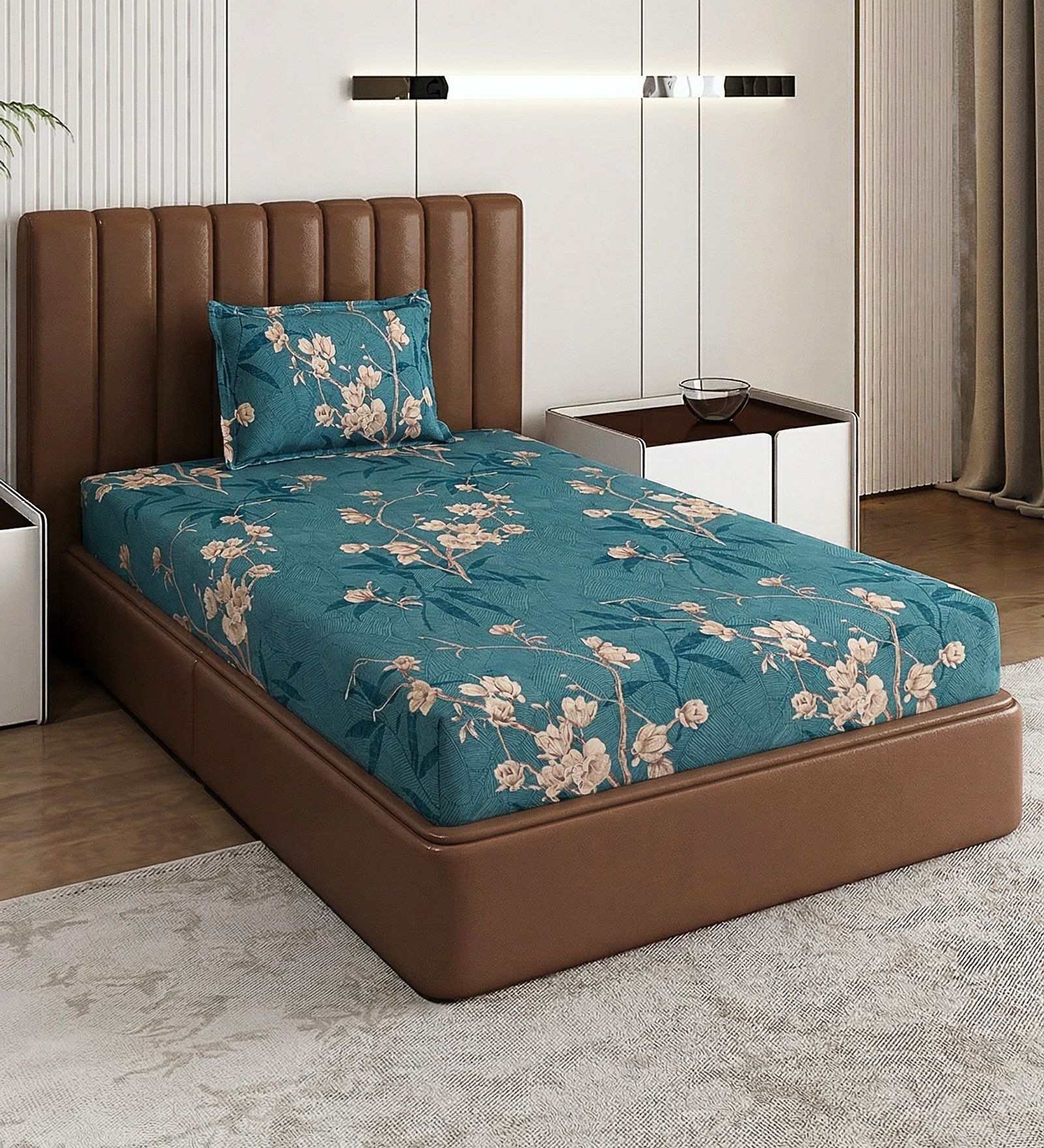 Green Floral 180 TC Polyester Bedsheet With Single Size Bedsheet With 1 Pillow Cover