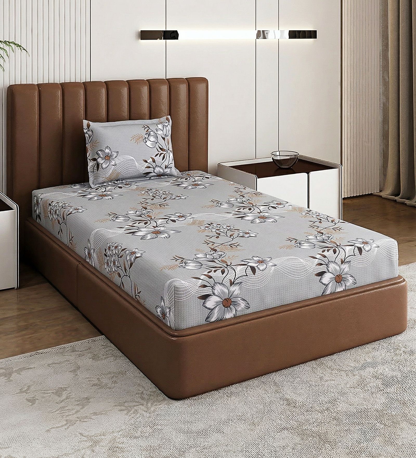 Grey Floral 180 TC Polyester Bedsheet With Single Size Bedsheet With 1 Pillow Cover