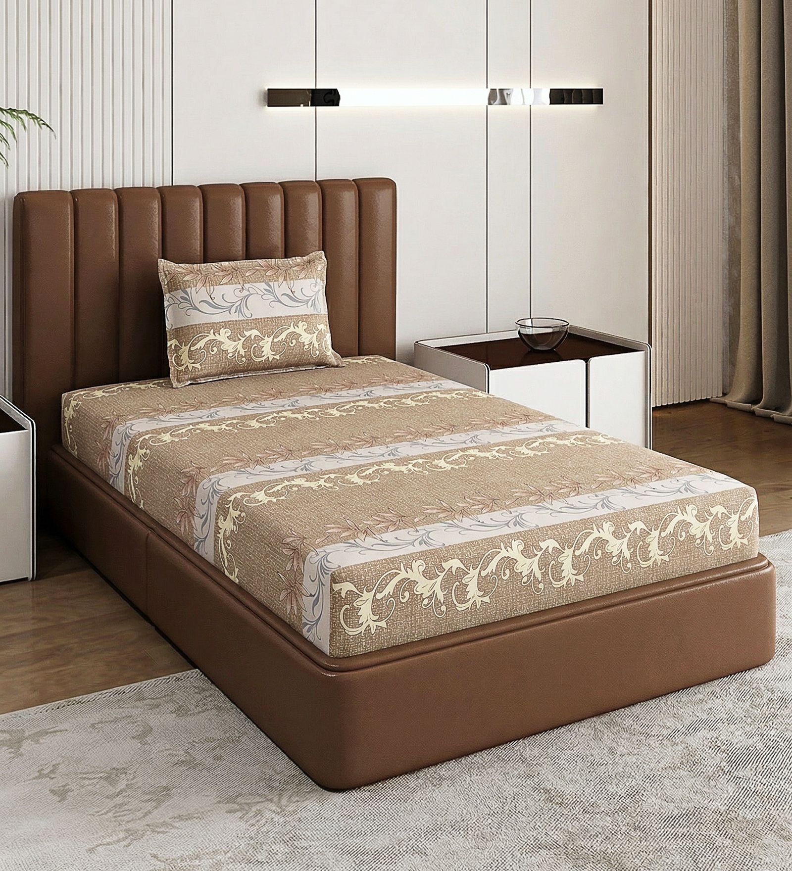 Beige Printed 180 TC Polyester Bedsheet With Single Size Bedsheet With 1 Pillow Cover