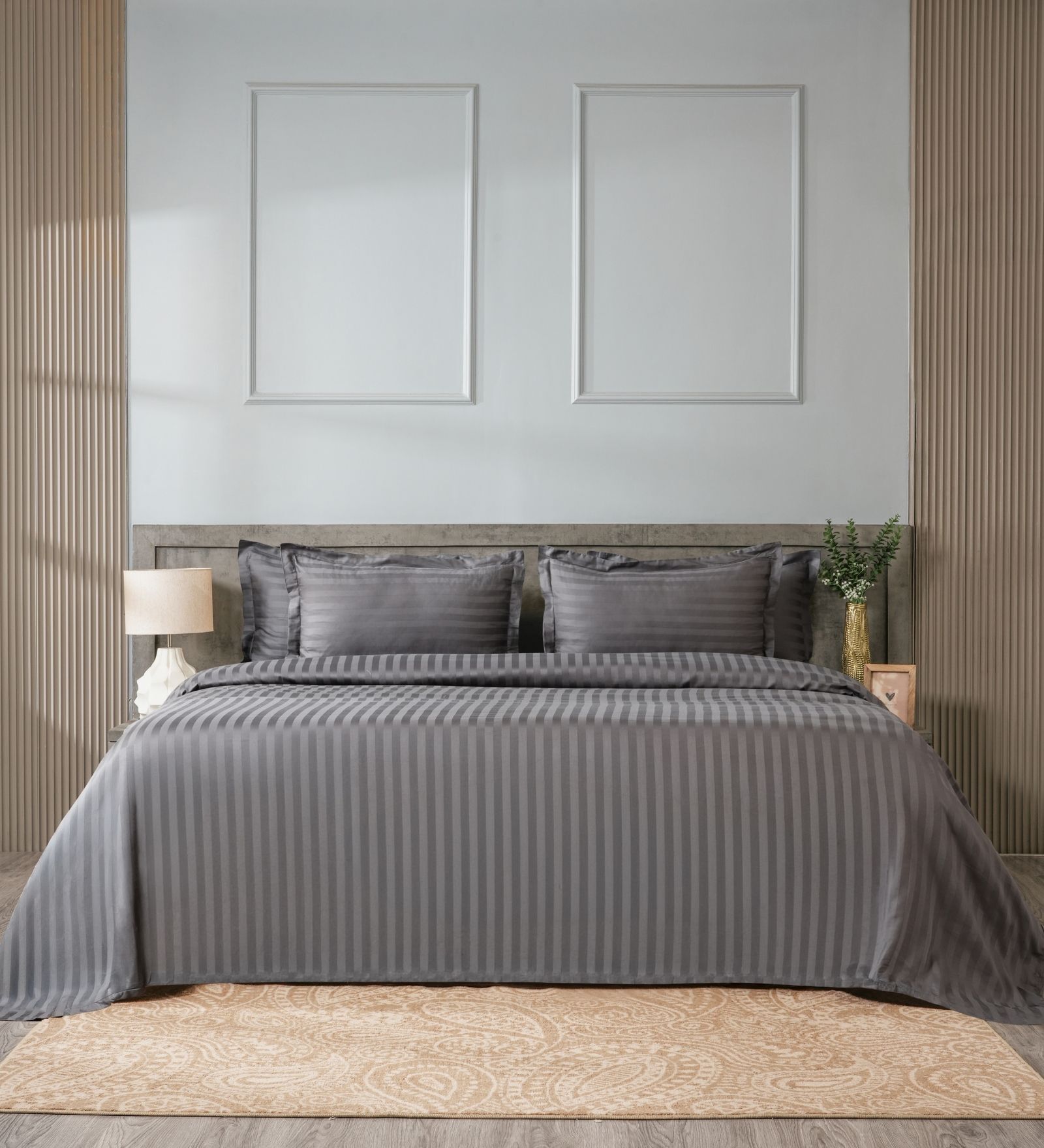 Grey 300TC 100% Cotton Stripe Flat Super King Bedsheet with 2 Pillow Covers