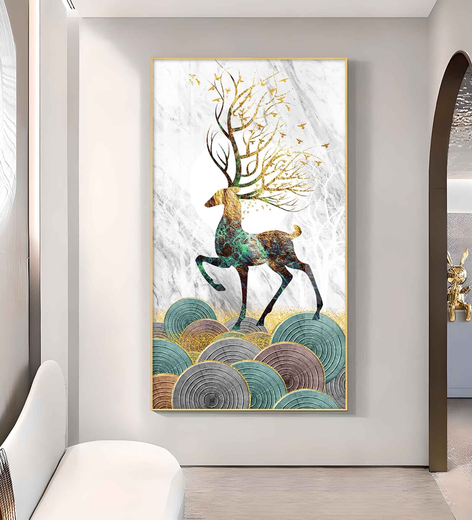 Deer and Its Branches Glass Finish Vertical Wall Art