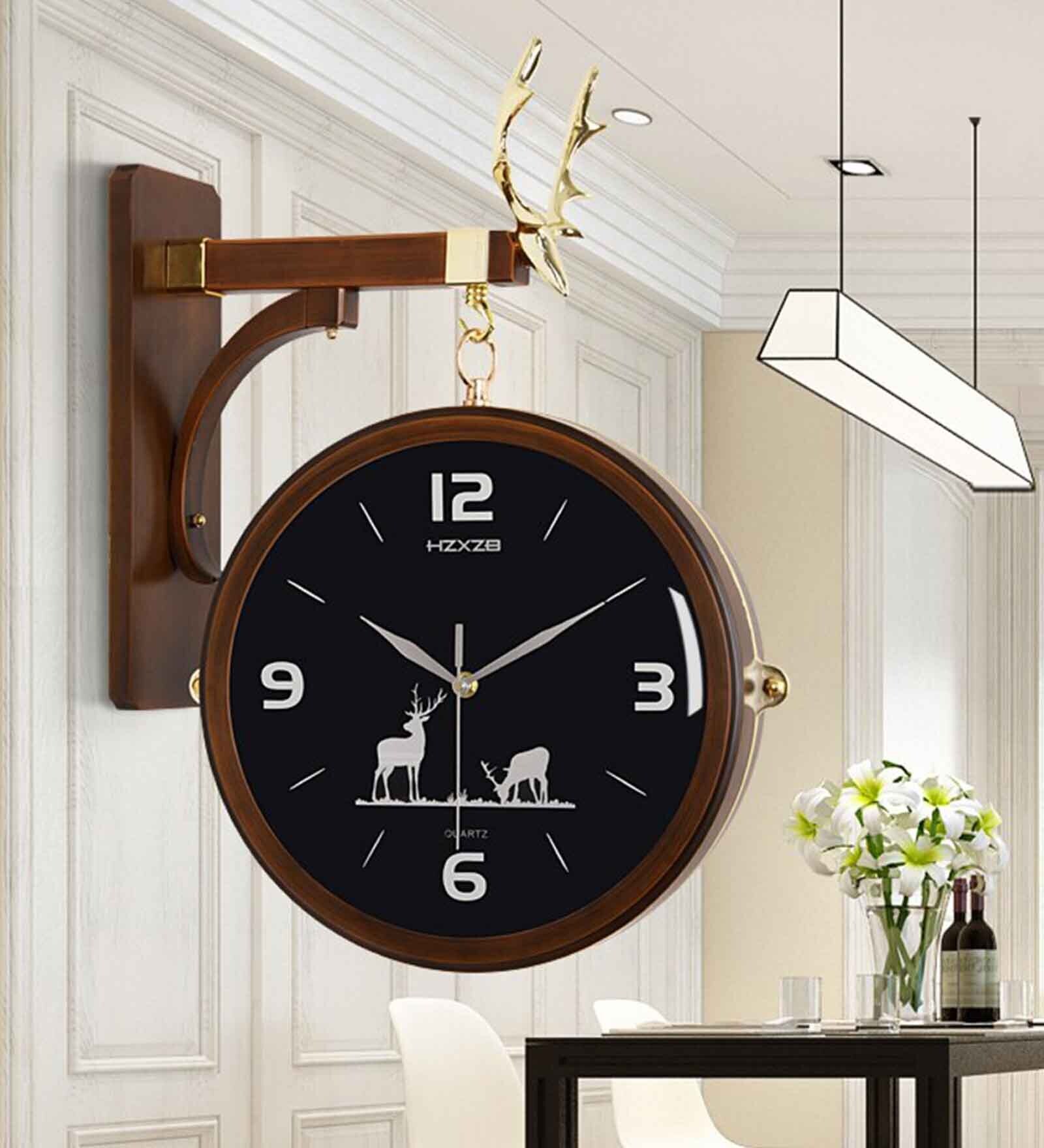 Deer Brown-Black Round Double Sided 2 Faces Retro Station Wall Clock