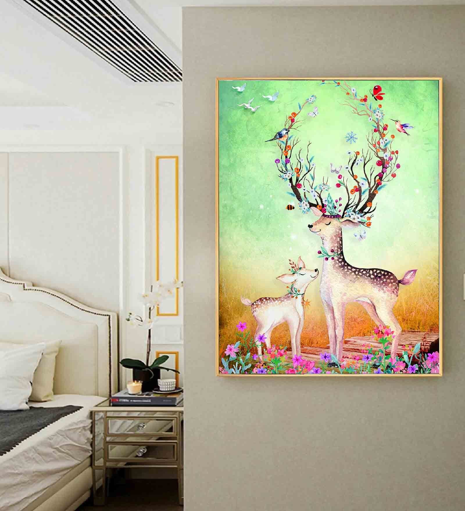 Deer Family Multicolour Engineered Wood Framed Canvas Wall Painting
