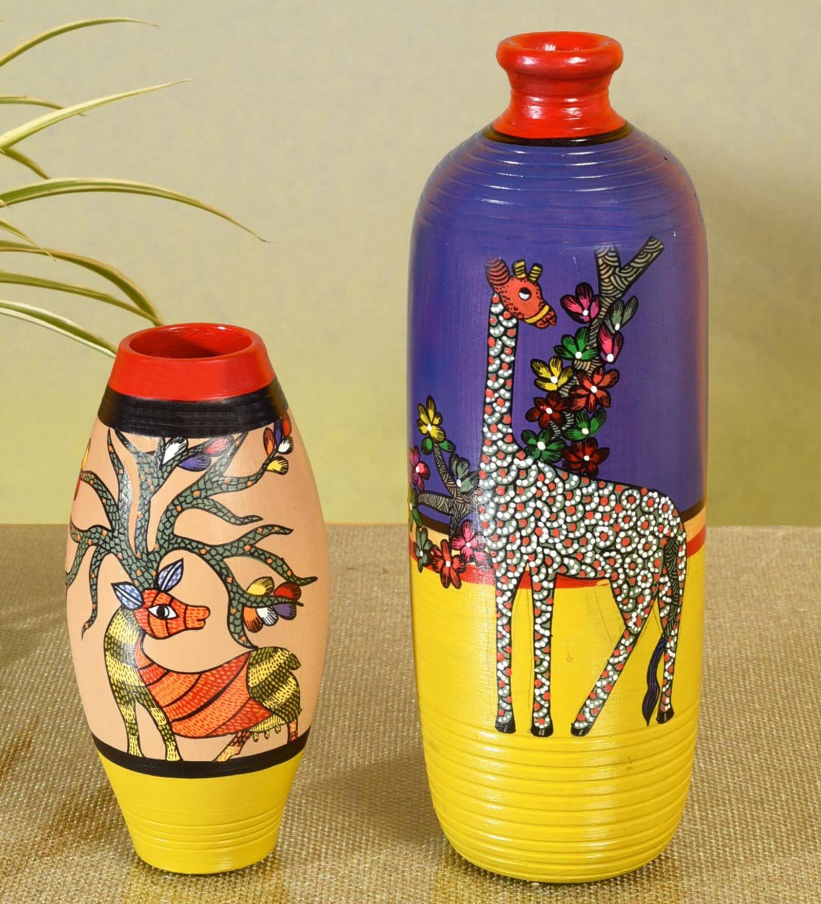 Deer Giraffe (Set of 2) Multicolour Terracotta Floor Vase