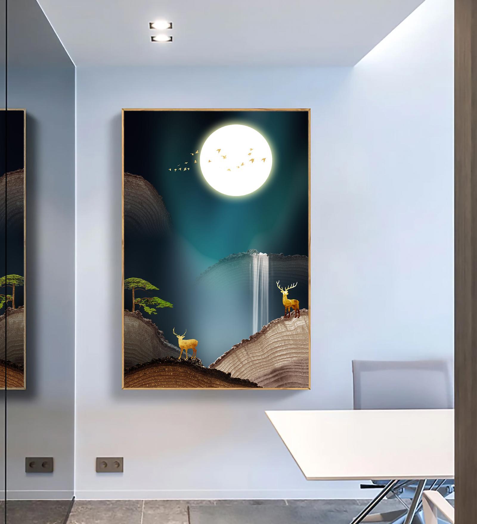 Deer In Moonlight Multicolour Synthetic Wood Wall Art