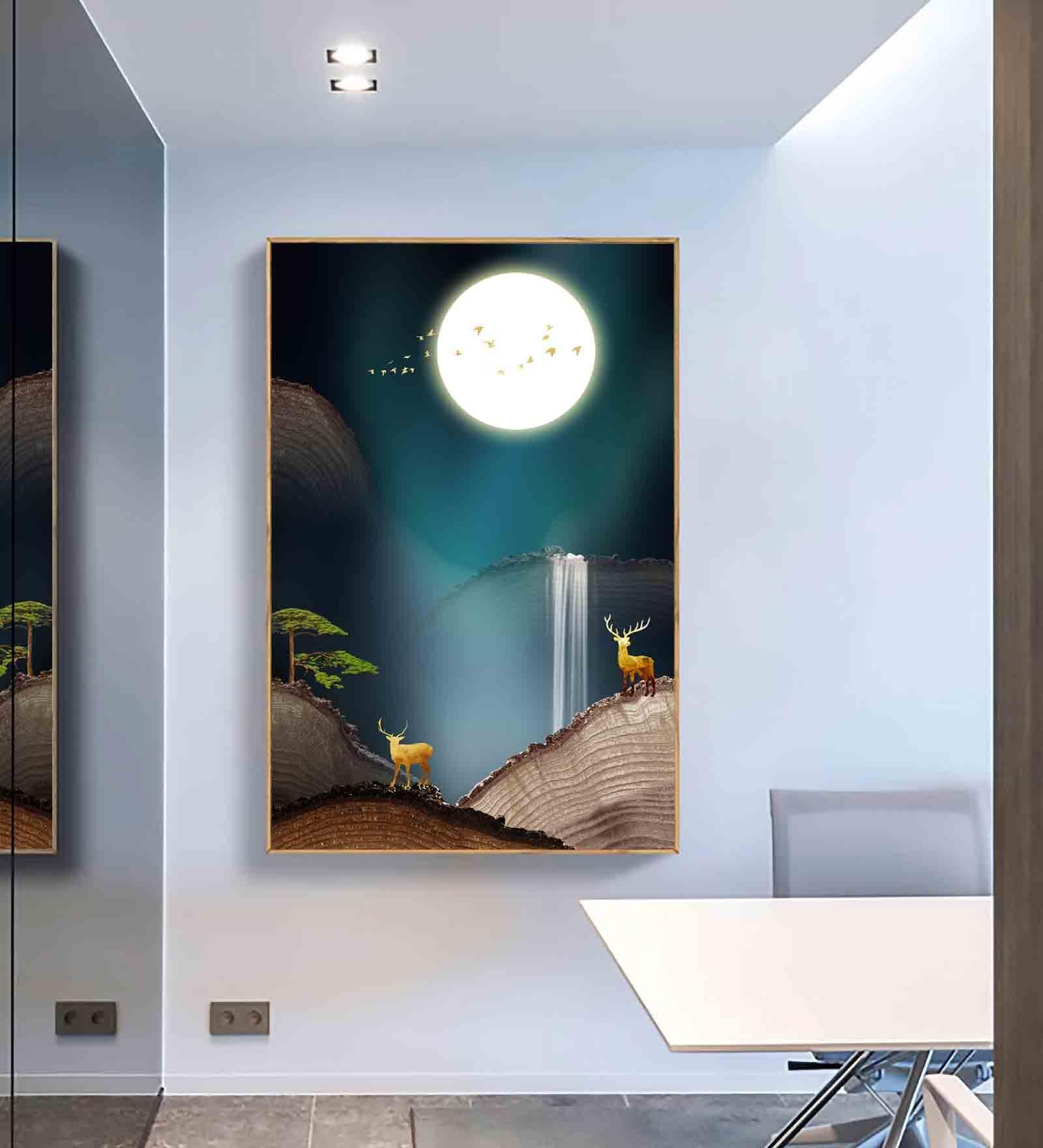 Deer In Moonlight Multicolour Engineered Wood Framed Canvas Wall Painting