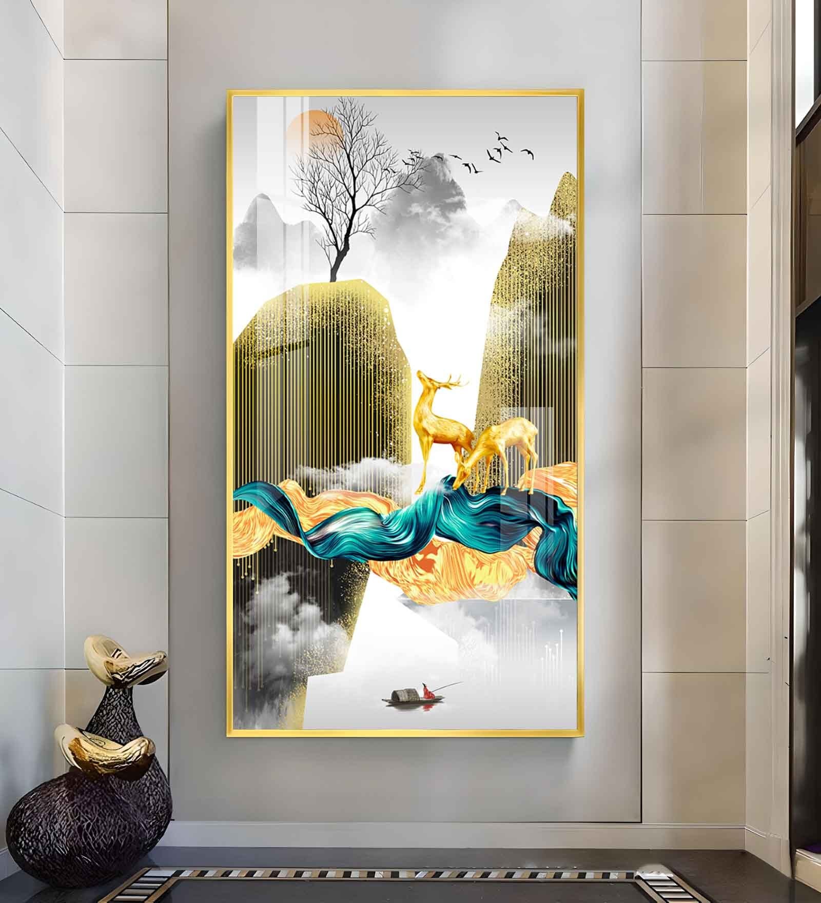 Deer In The Sky Glass Finish Vertical Wall Art