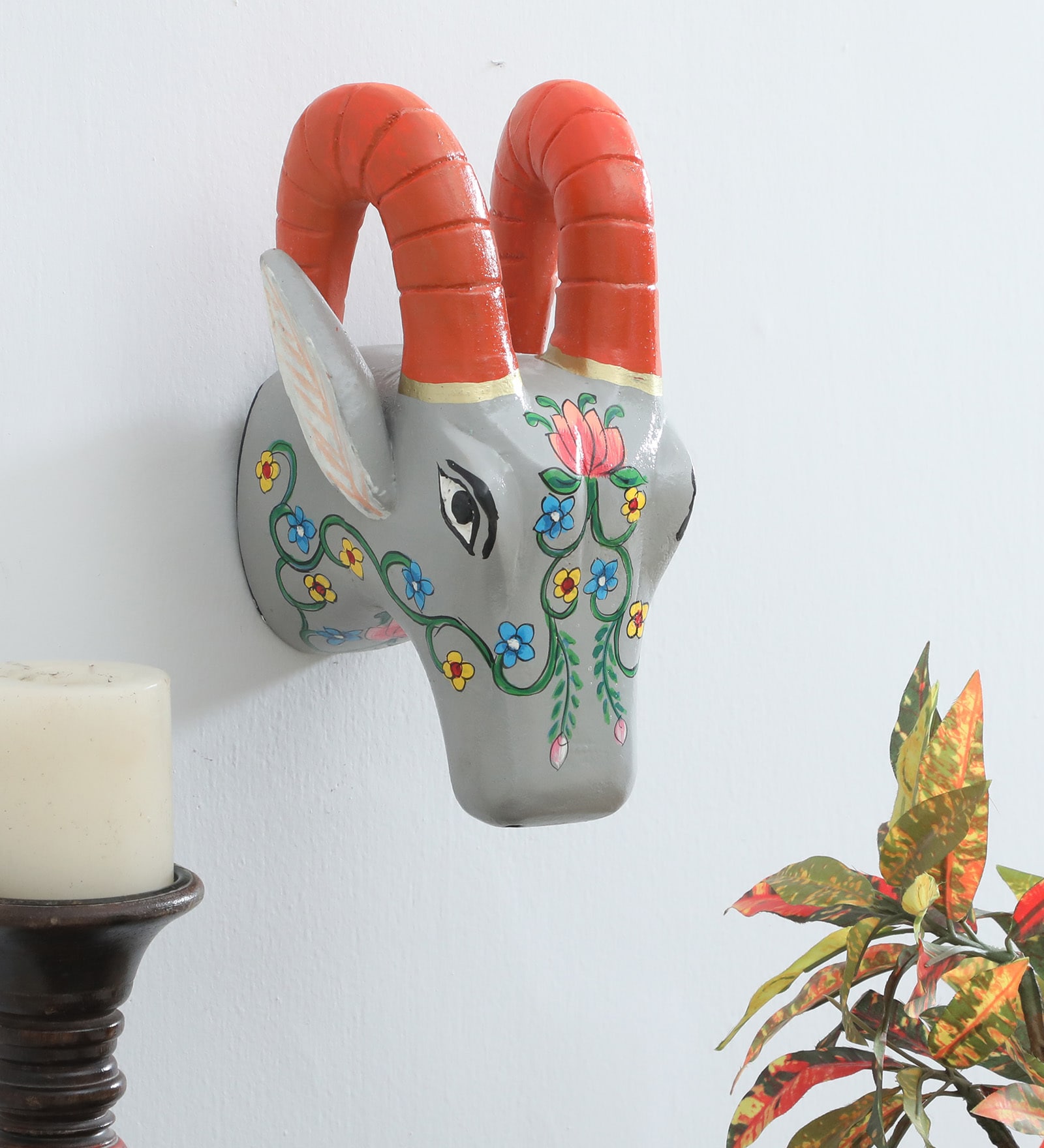 Grey Deer Sclupture Mango Wood Wall Mask