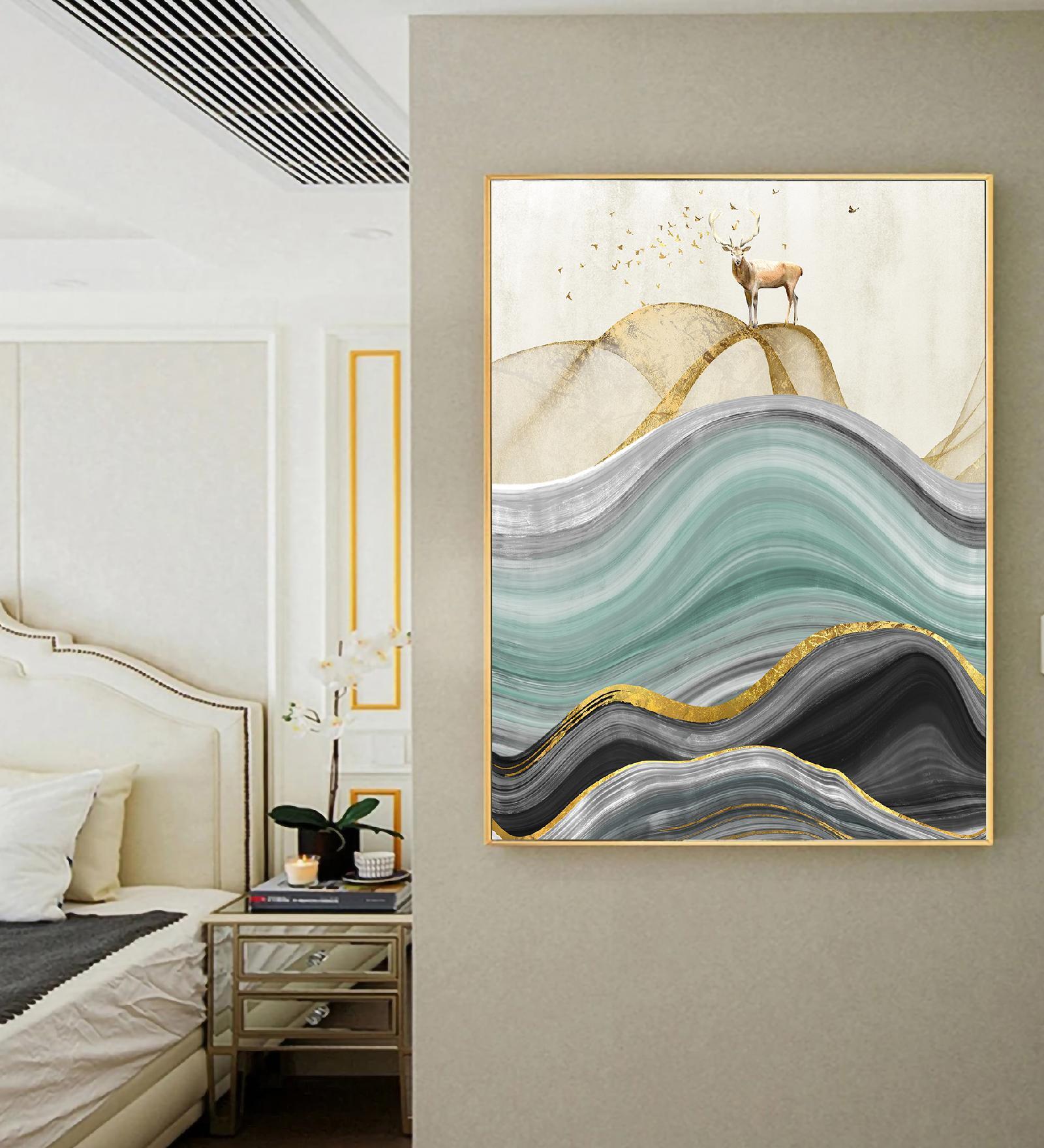 Deer On The Mountains Multicolour Synthetic Wood Wall Art