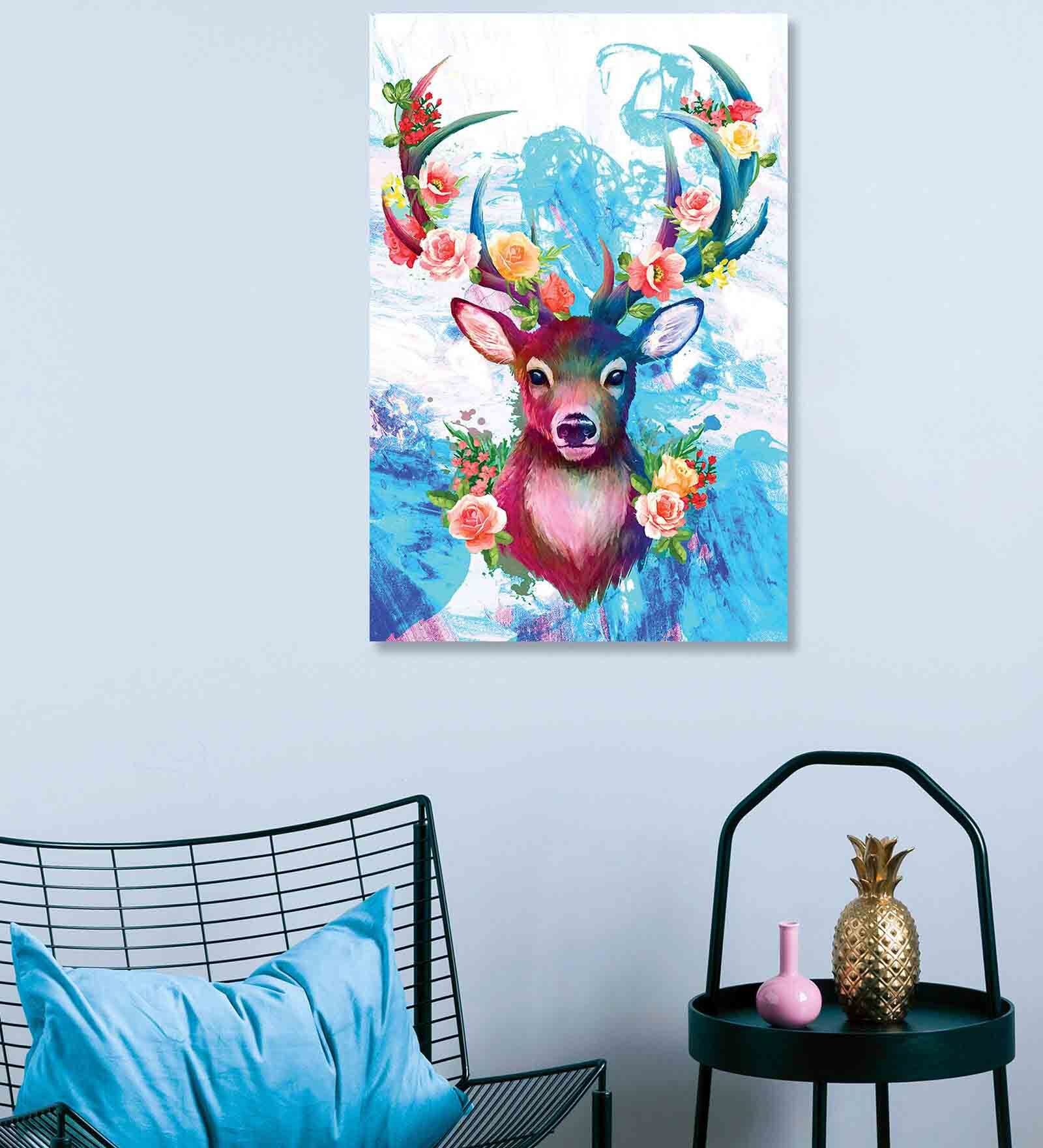Deer Blue Paint Canvas Teakwood And MDF Framed Wildlife Art Print