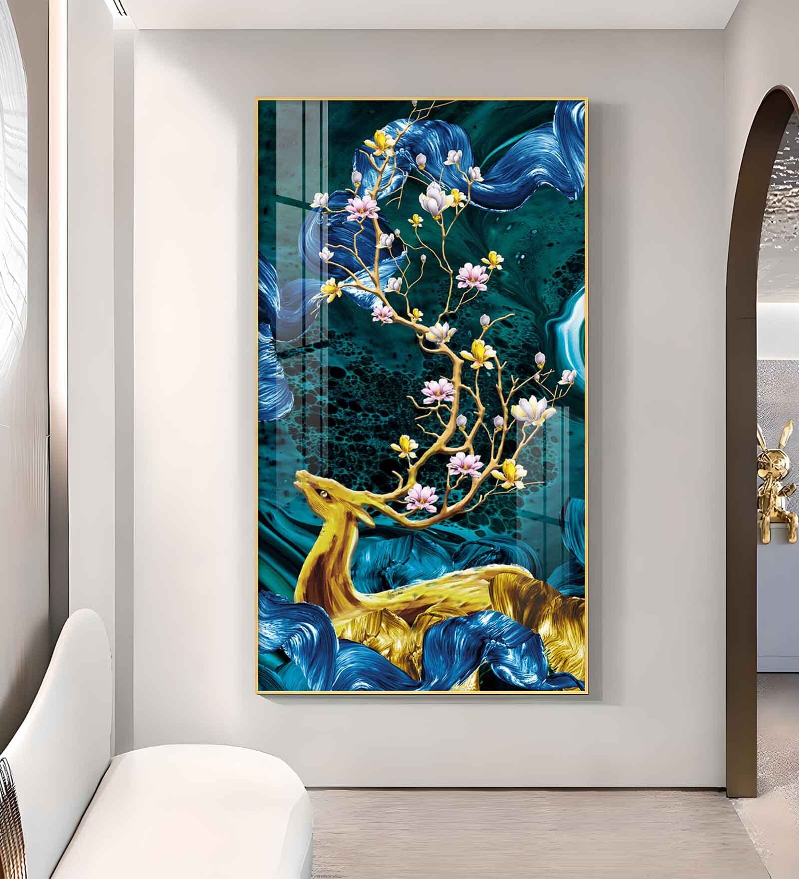 Deer s Serenade Glass Finish Vertical Wall Art