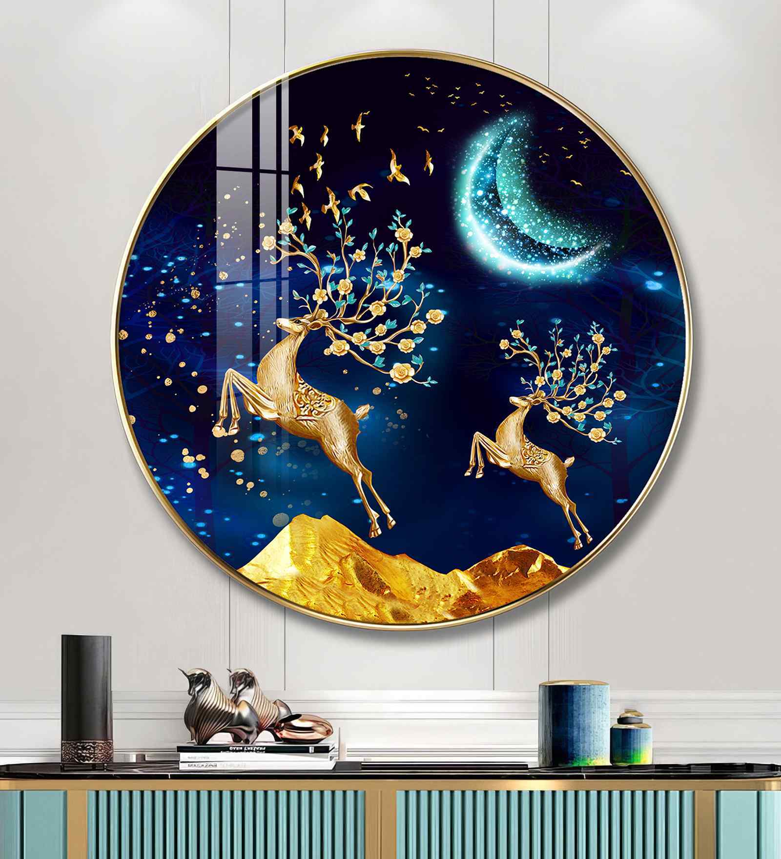 Deers In Night Sky Acrylic Round Wall Art