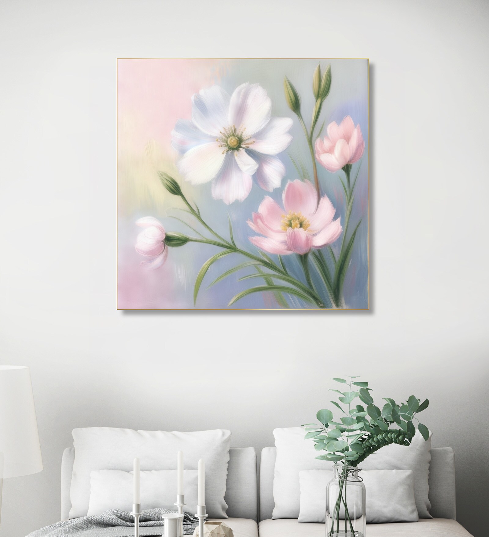 Pink and White Blooms Canvas Printed Wall Painting Gold Frame