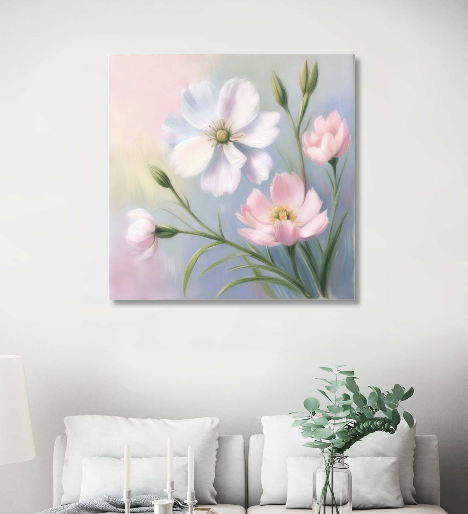 Pink and White Blooms Canvas Printed Wall Painting White Frame