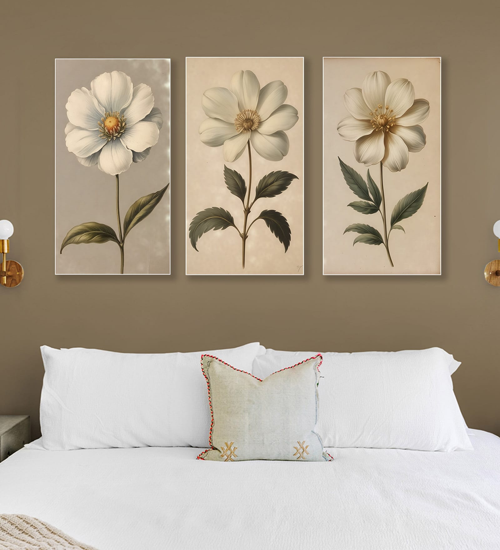 White Flower Canvas Series Set of 3 Printed Wall Painting White Frame