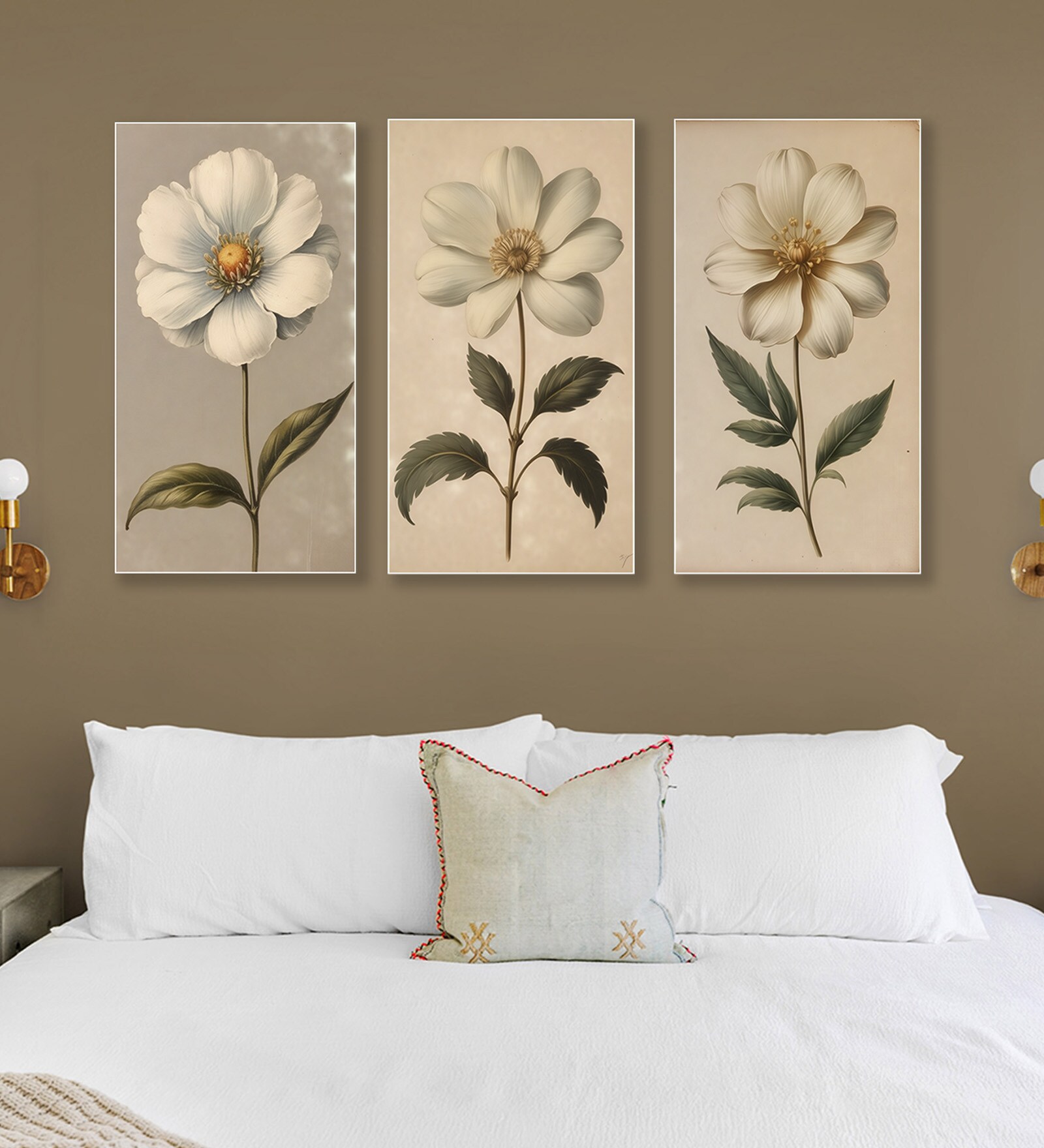 White Flower Canvas Series Set of 3 Printed Wall Painting White Frame