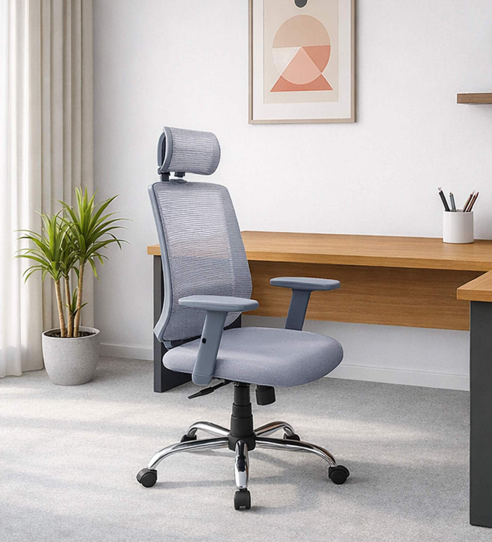 Nagisa Ergonomic Chair With Adjustable Handle, Lumbar Support and Neck Rest In Grey Colour