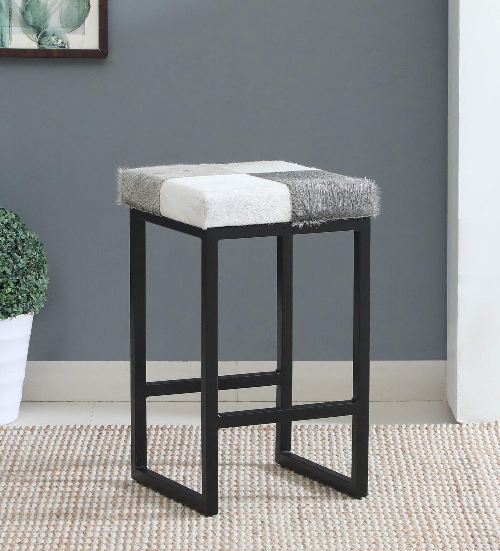Deltron Metal Stool With Faux Fur In White And Grey Colour