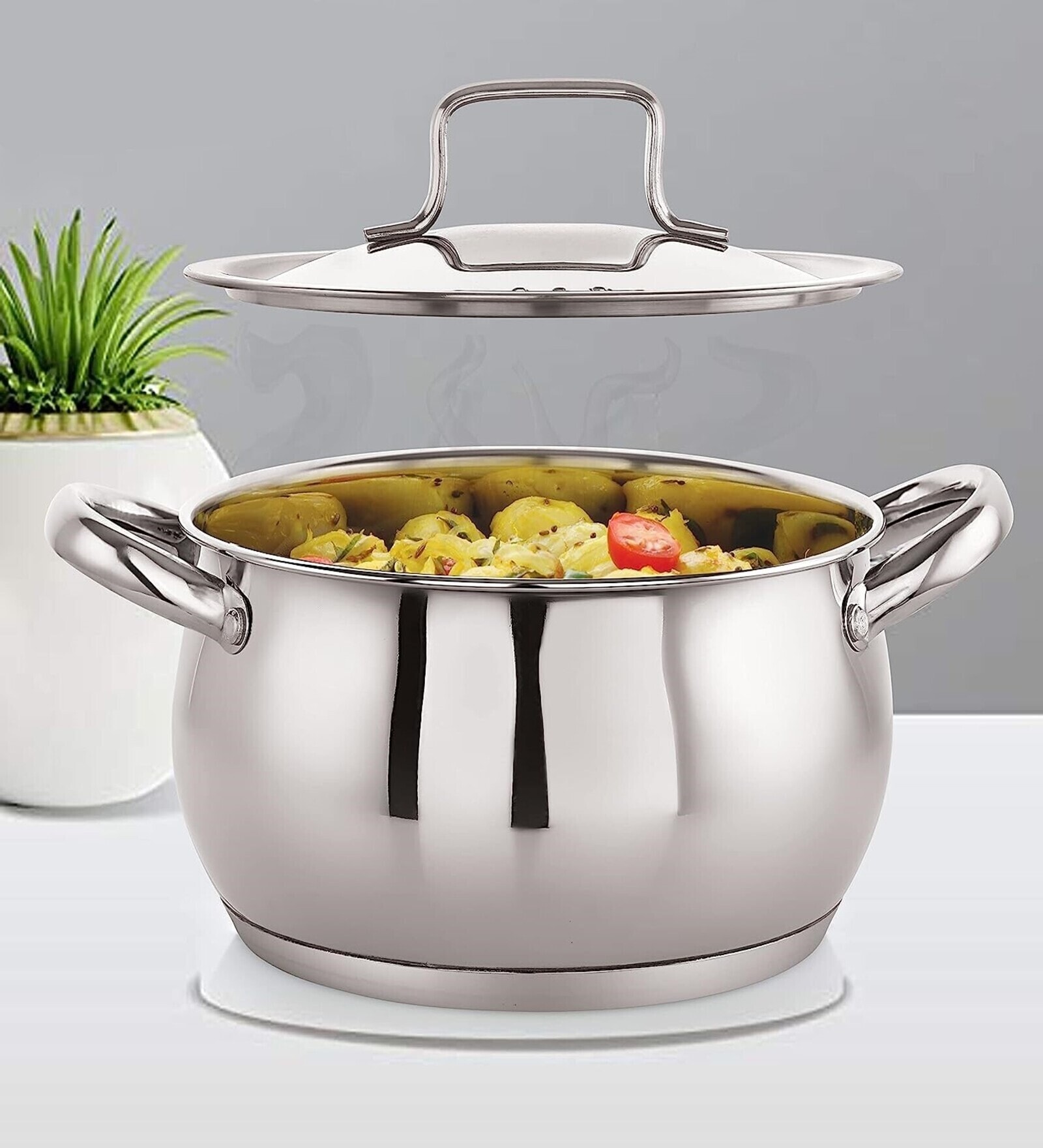 Deluxe Series Stainless Steel Dia-6.29 cm Impact Bonded Tri Ply Bottom Induction Handi  with Steel Lid