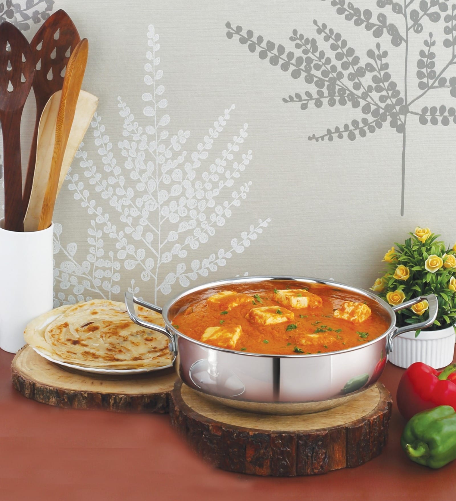 Deluxe Stainless Steel 1.8 Ltr Tri-ply Bottom Deep Kadai with Steel Lid