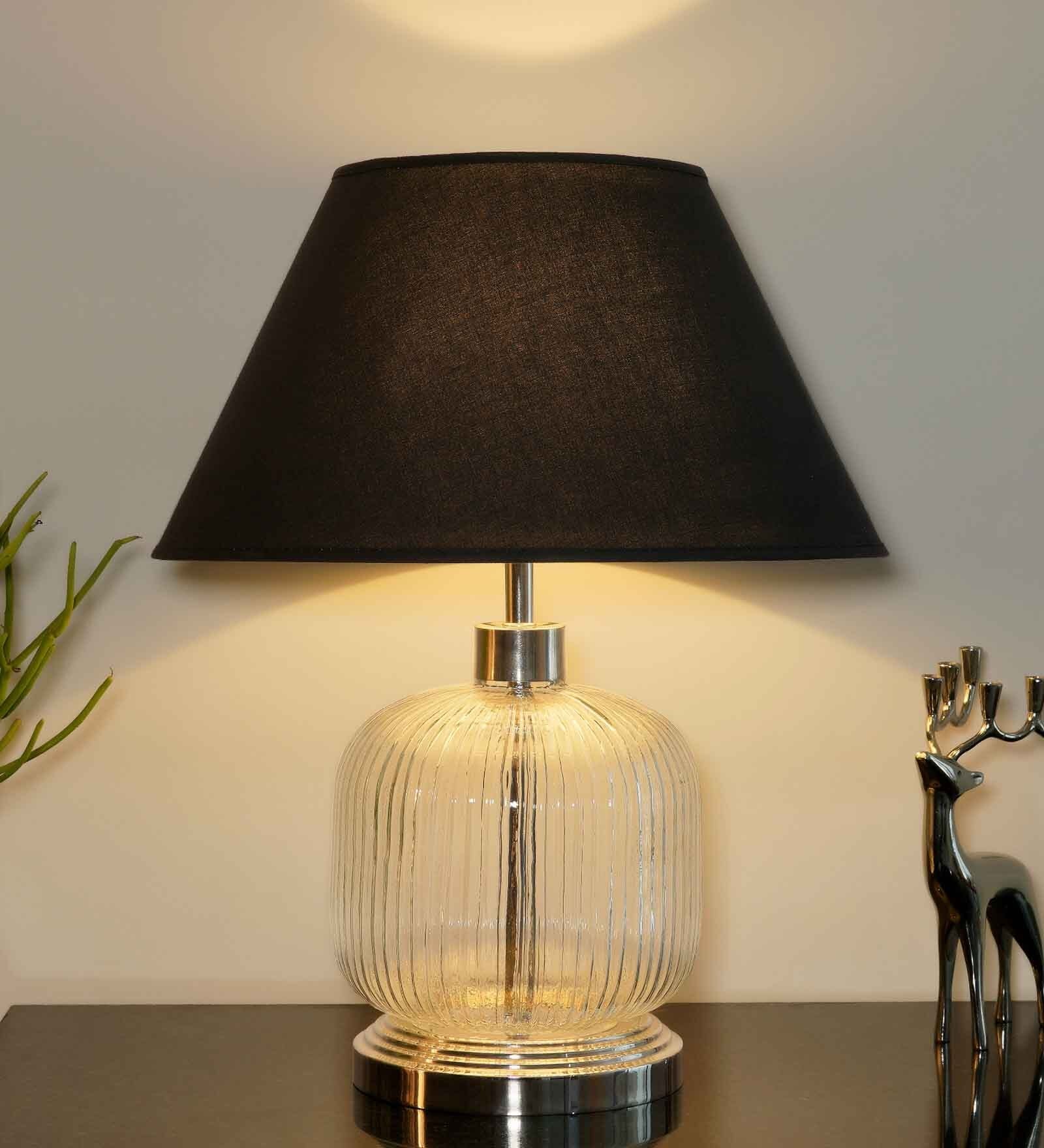 Louise Black Cotton Shade Night Lamp With Metal & Glass Base