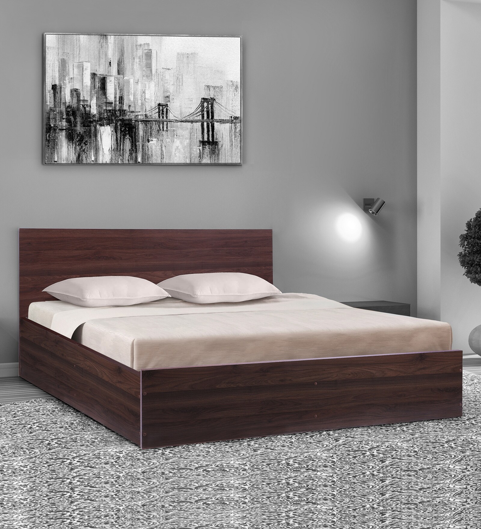 Den Queen Size Bed With Box Storage In Walnut Finish