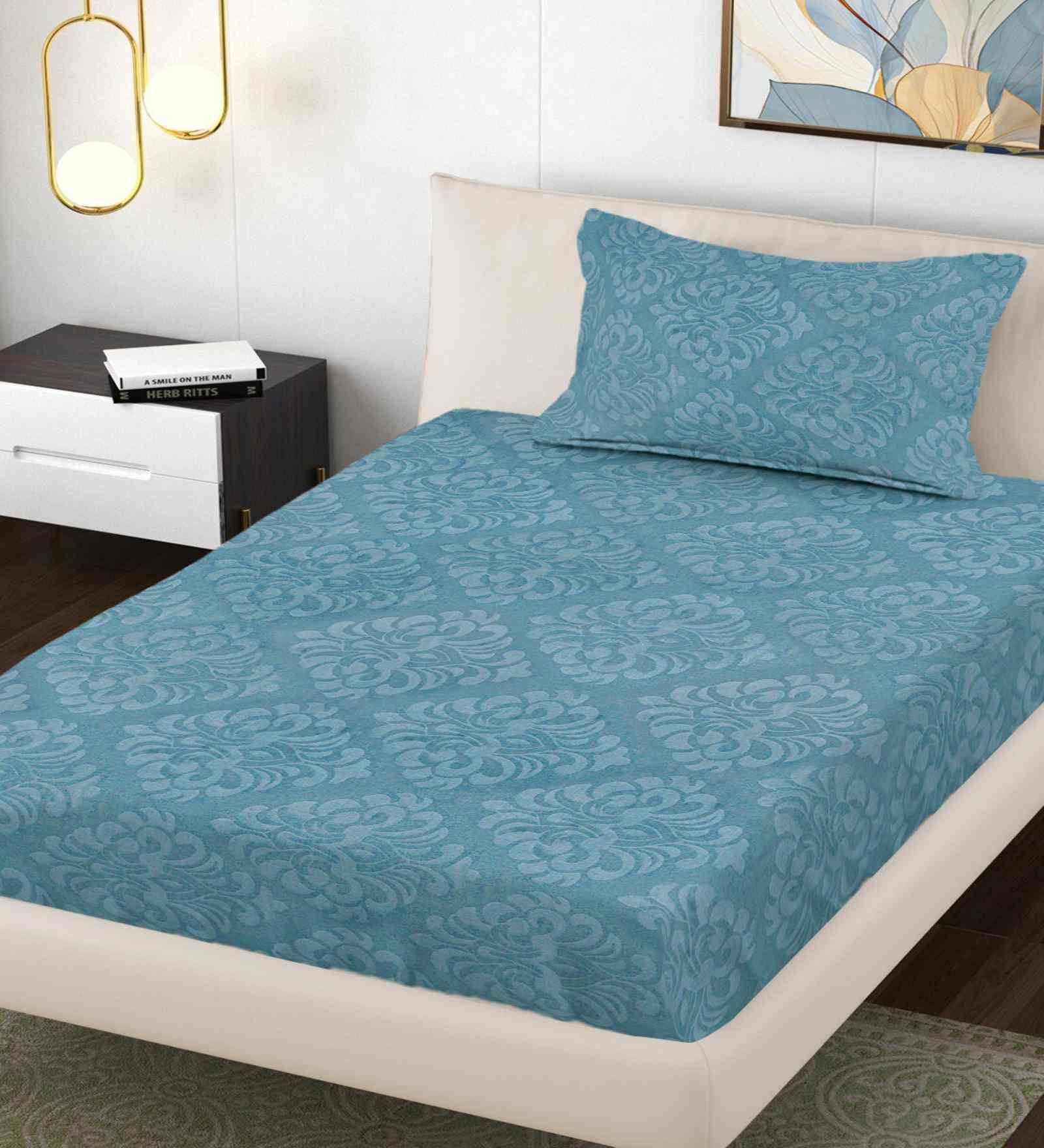 Denim Ethnic 300 TC Cotton Blend Embossed Single Bedsheet with 1 Pillow Cover