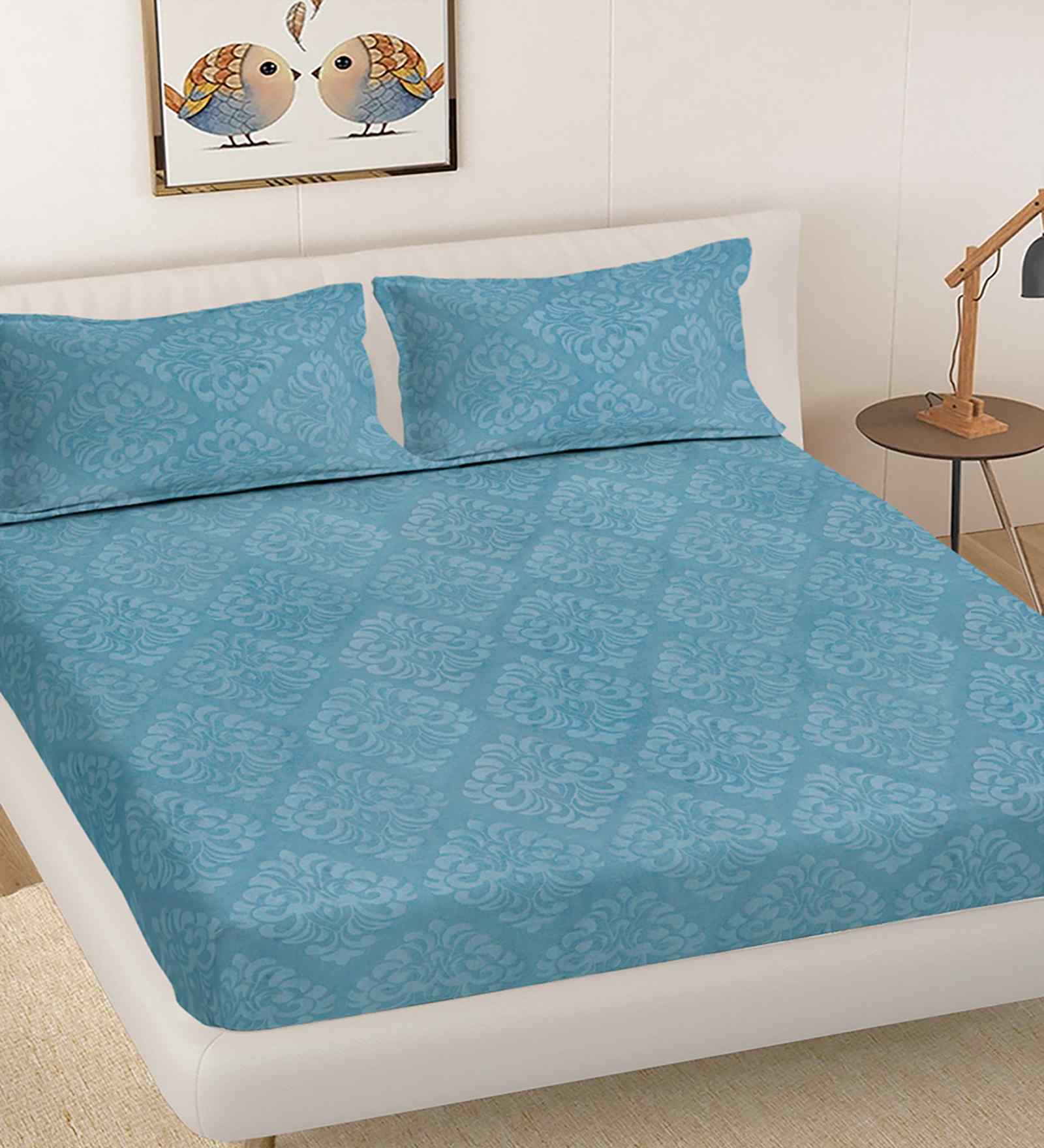 Denim Ethnic 300 TC Cotton Blend King Size Embossed Double Bedsheet with 2 Pillow Covers