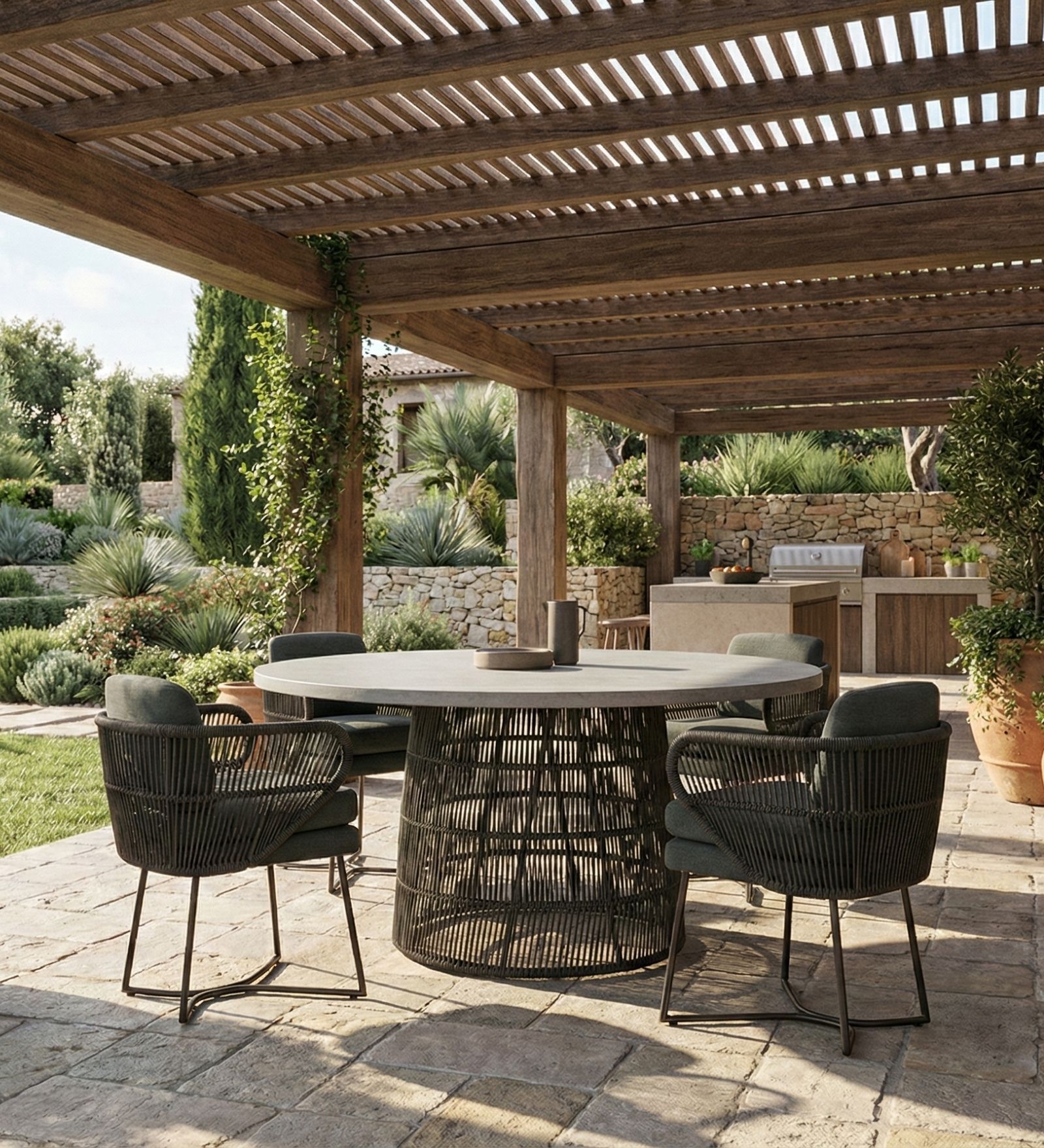Dennis Wicker 6 Seater Dining Set In English Grey Finish