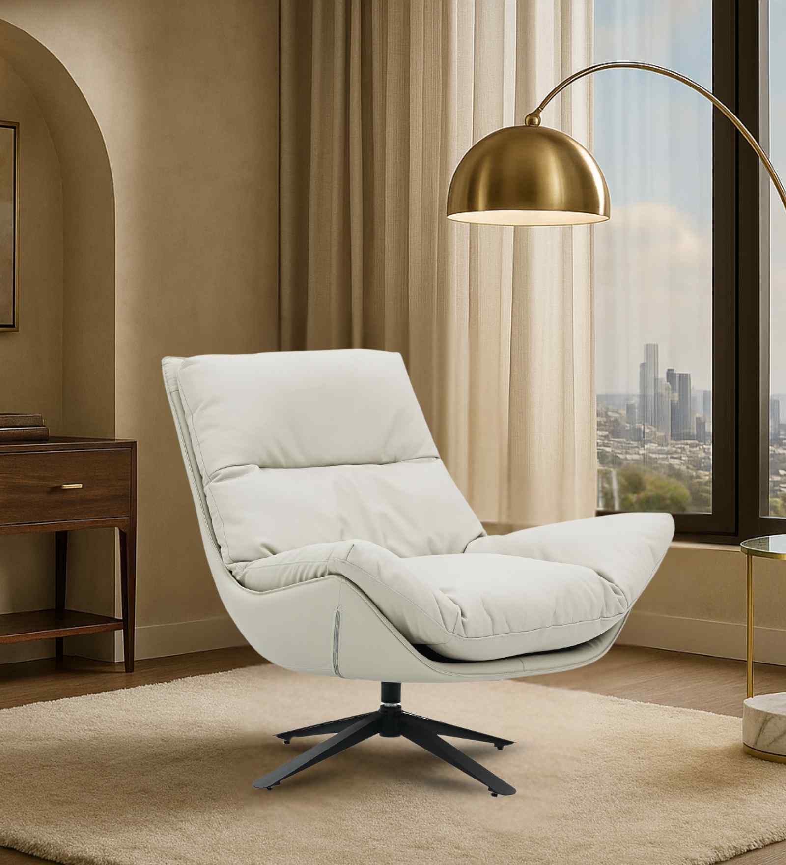 Derby Fabric Swivel Lounge Chair In White Color