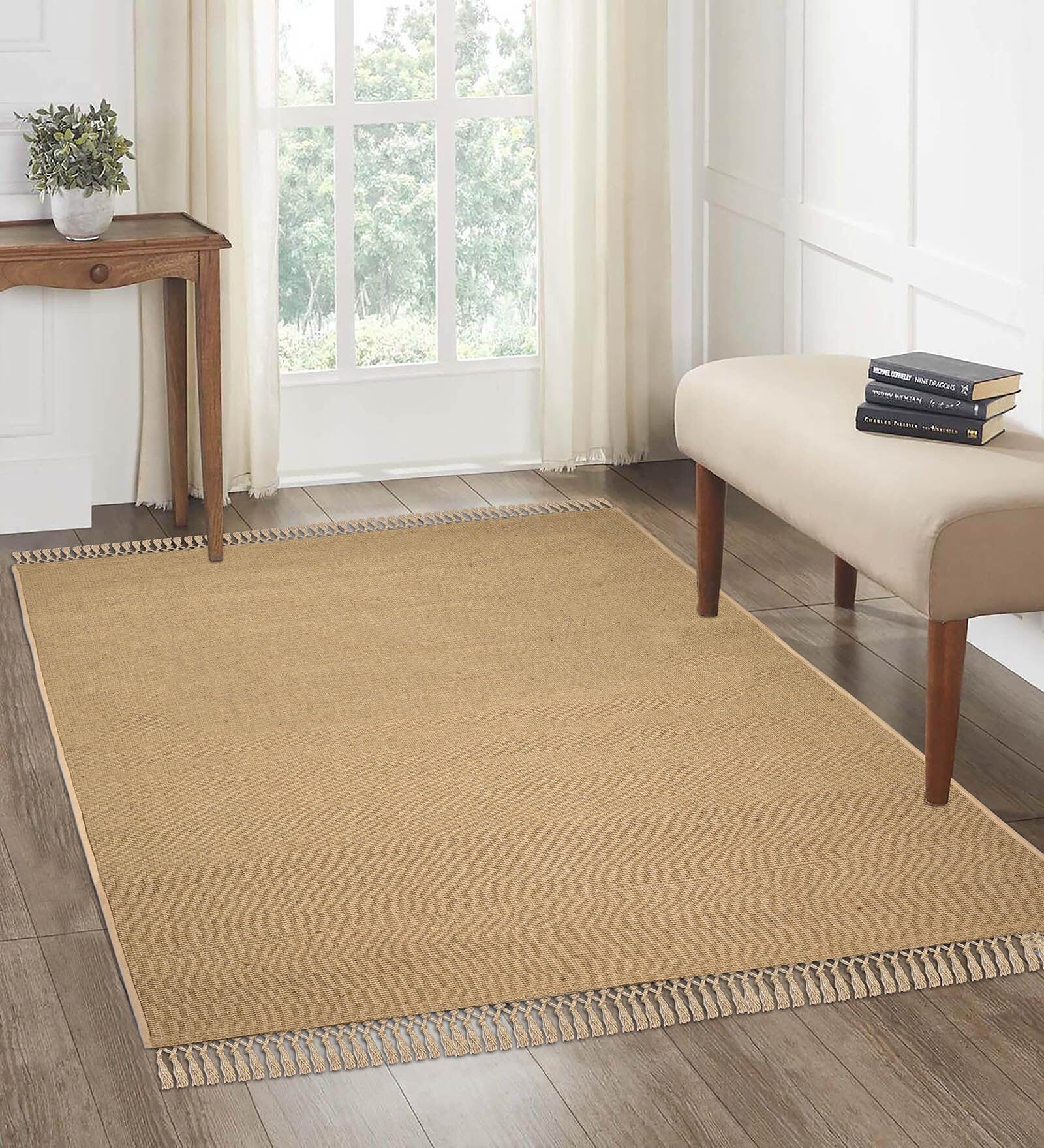 Beige Desh Cotton Jute Woven Strong 5X7 Ft Carpet With Fringe