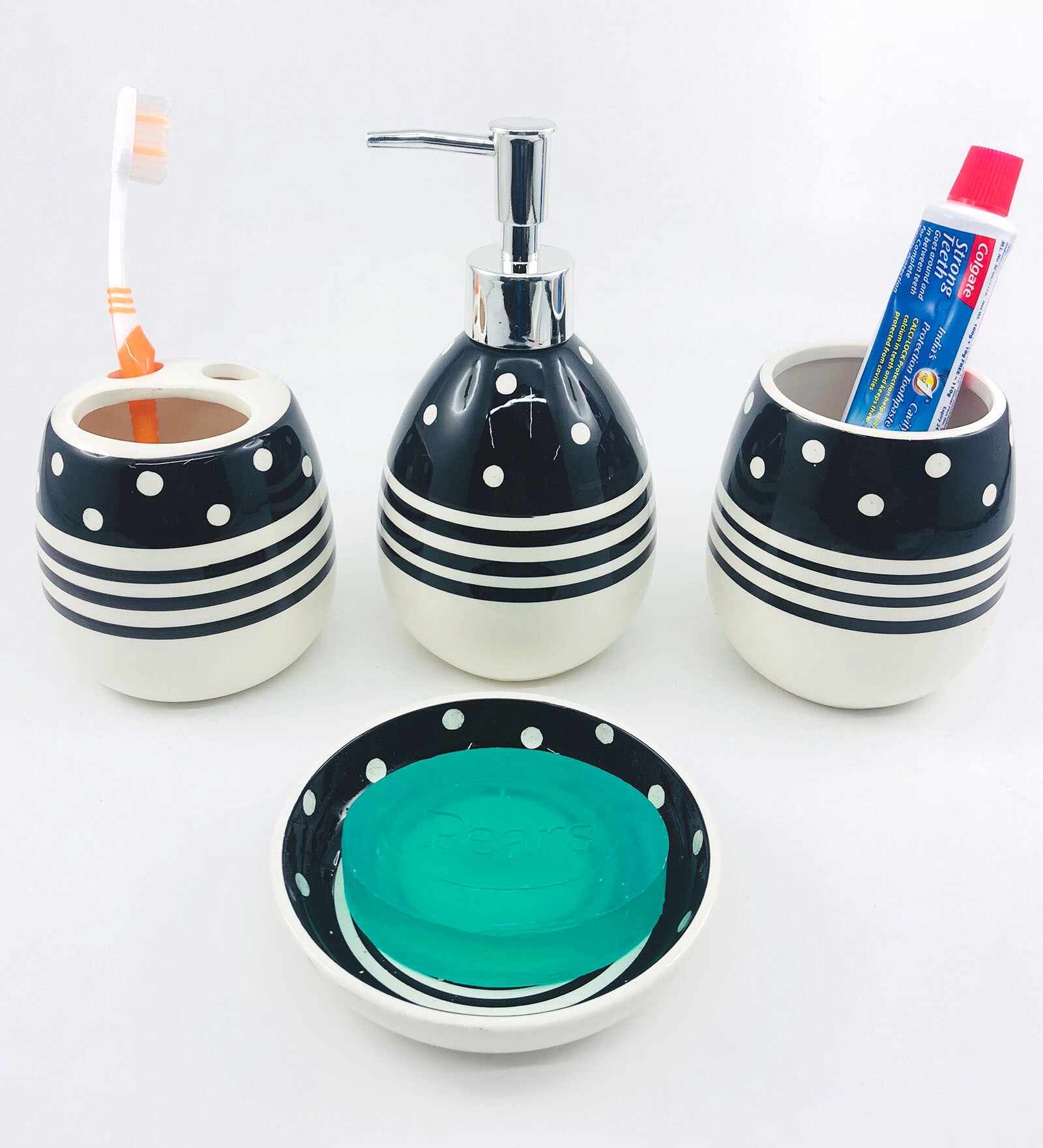 Buy Ceramic Counter Top Bathroom Accessories in Black & White, Set of 4