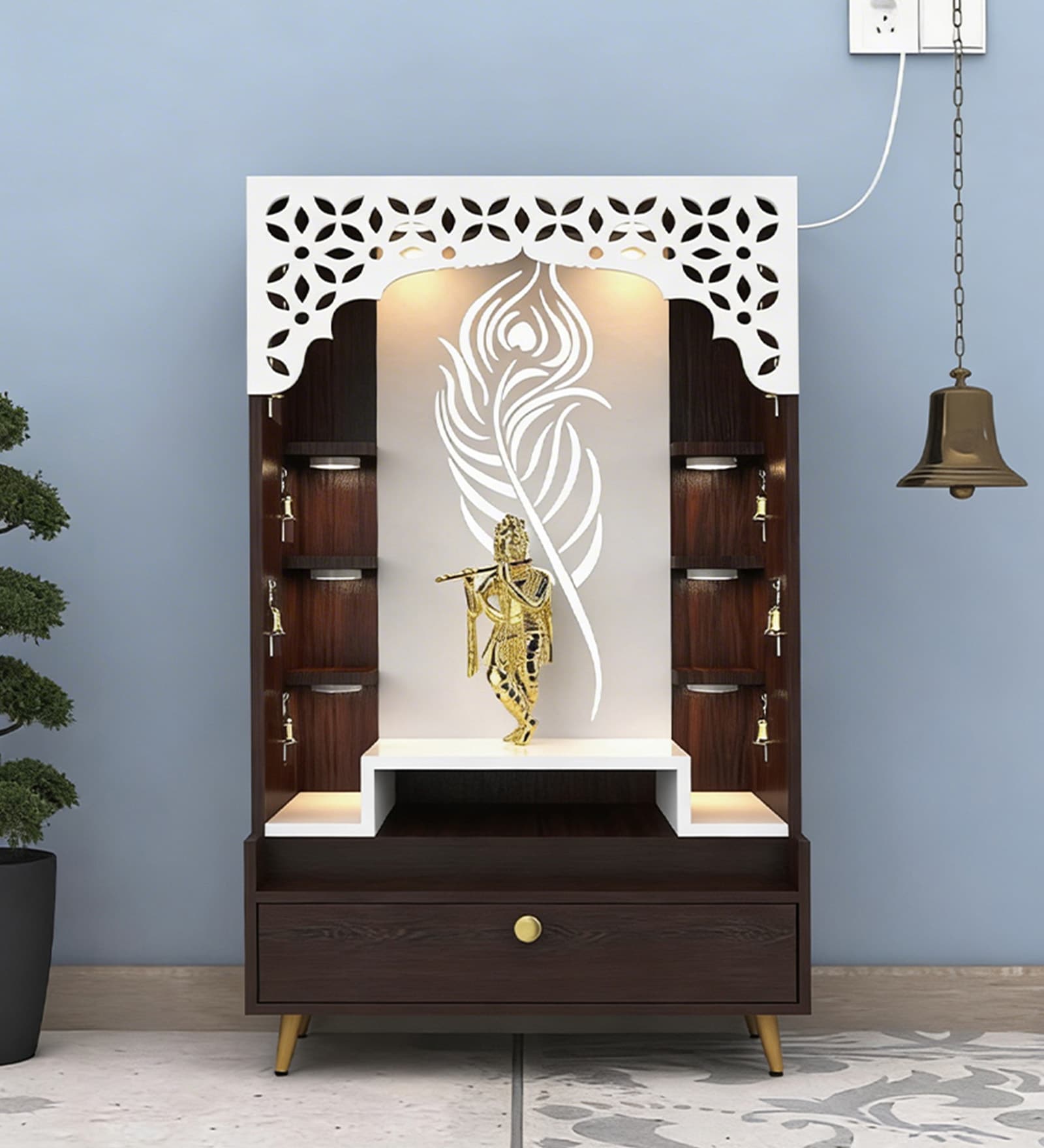 Designer Krishna Theme Floor Pooja Mandir with LED Panel