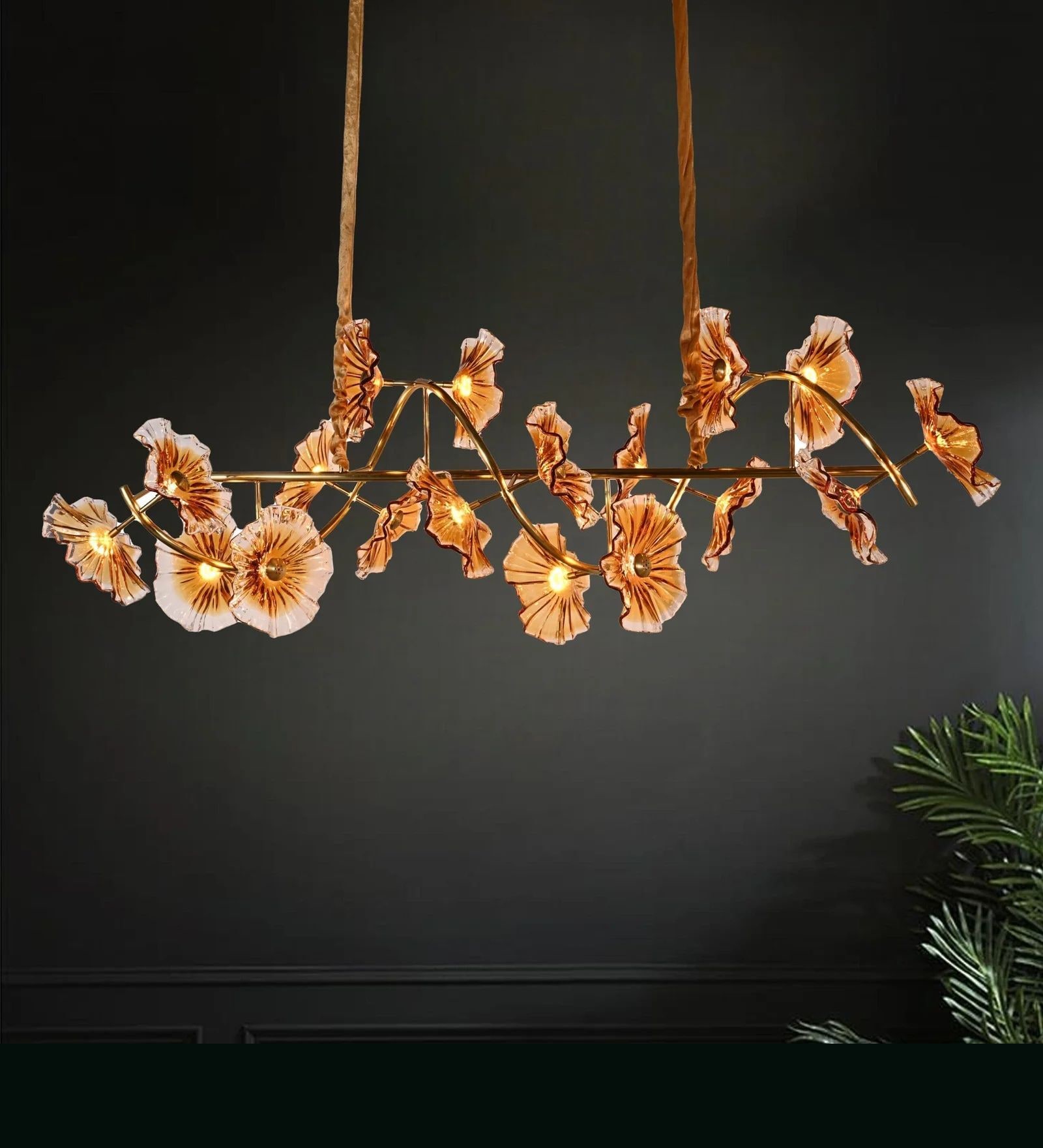 Designer Floral Linear Chandelier with In-Built LED   5 Ft Long Gold Finish Luxury Ceiling Light