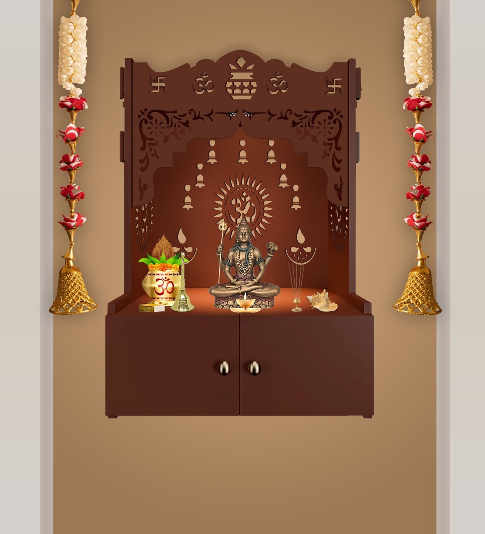 Designer Holy Symbol Om Brown Wood Temple with Inbuilt Focus Light & Spacious Shelf