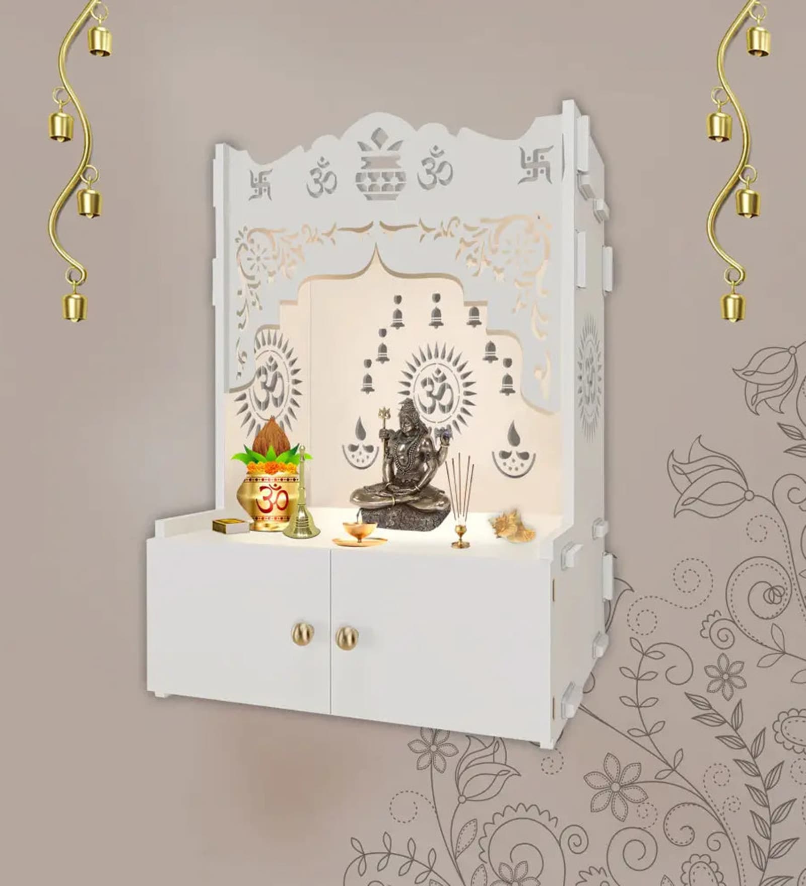 Designer Holy Symbol Om White Wood Temple with Inbuilt Focus Light & Spacious Shelf