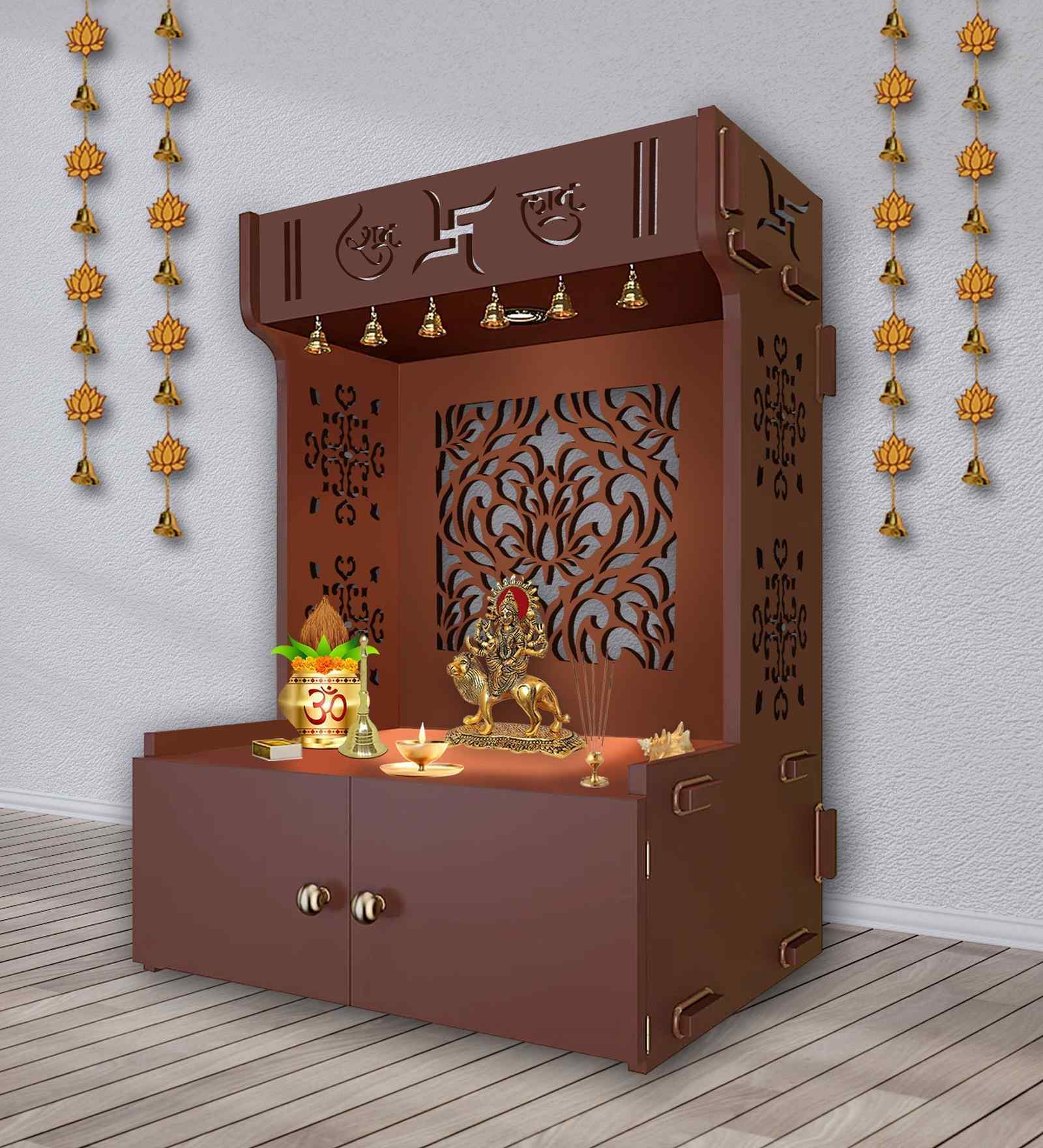 Brown Finish Designer Intricate Jali Design Pattern Floor Temple with Spacious Wooden Shelf & Inbuilt Focus Light-