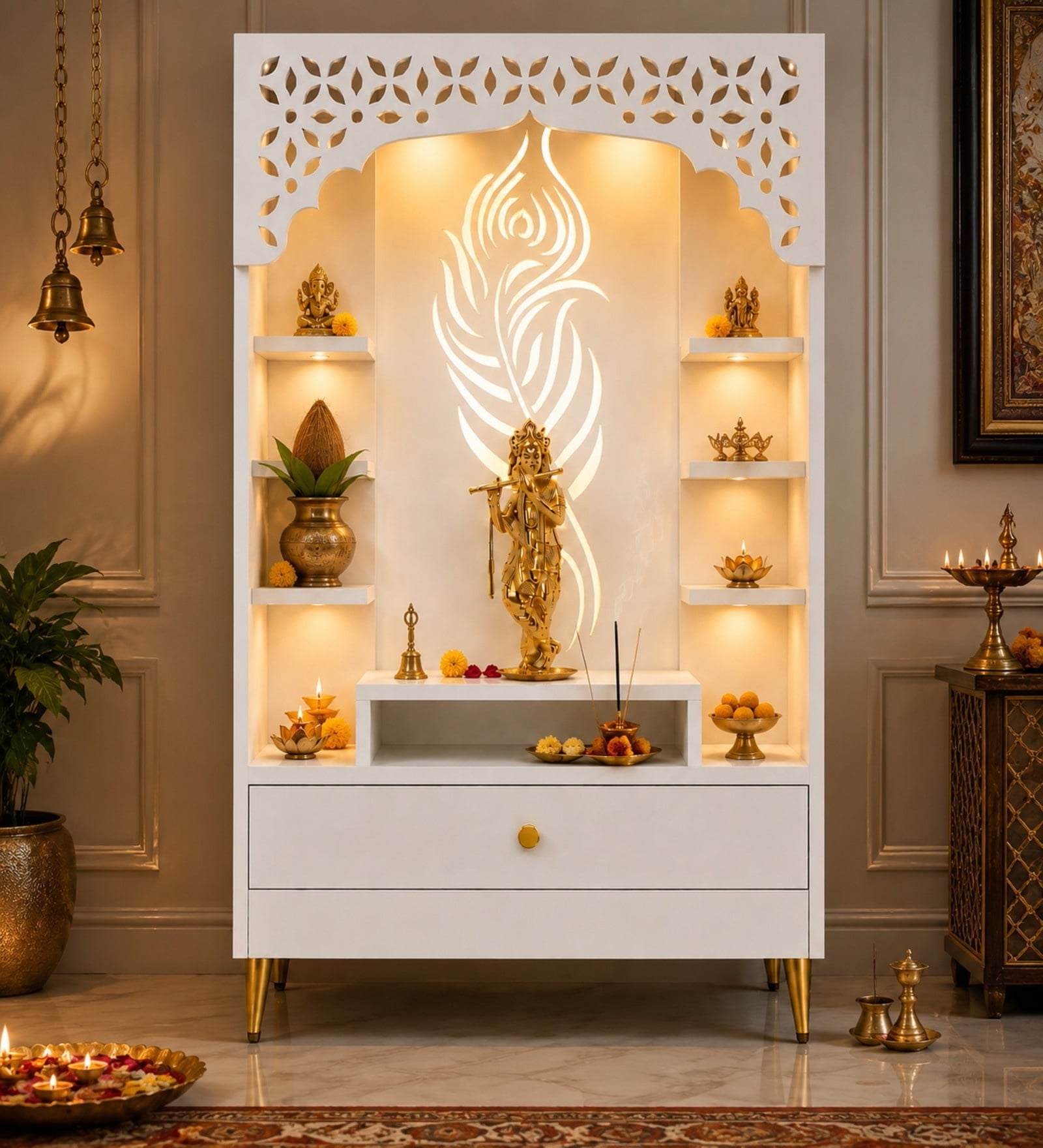 Designer Krishna Theme Floor Pooja Mandir with LED Panel