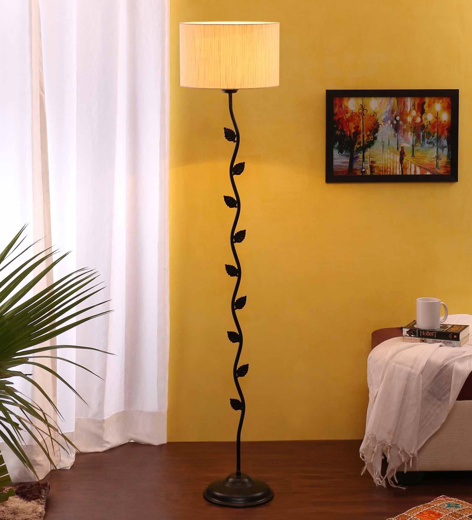Designer Leaf Wrought Iron Off White Cotton Shade Floor Lamp with Black Base