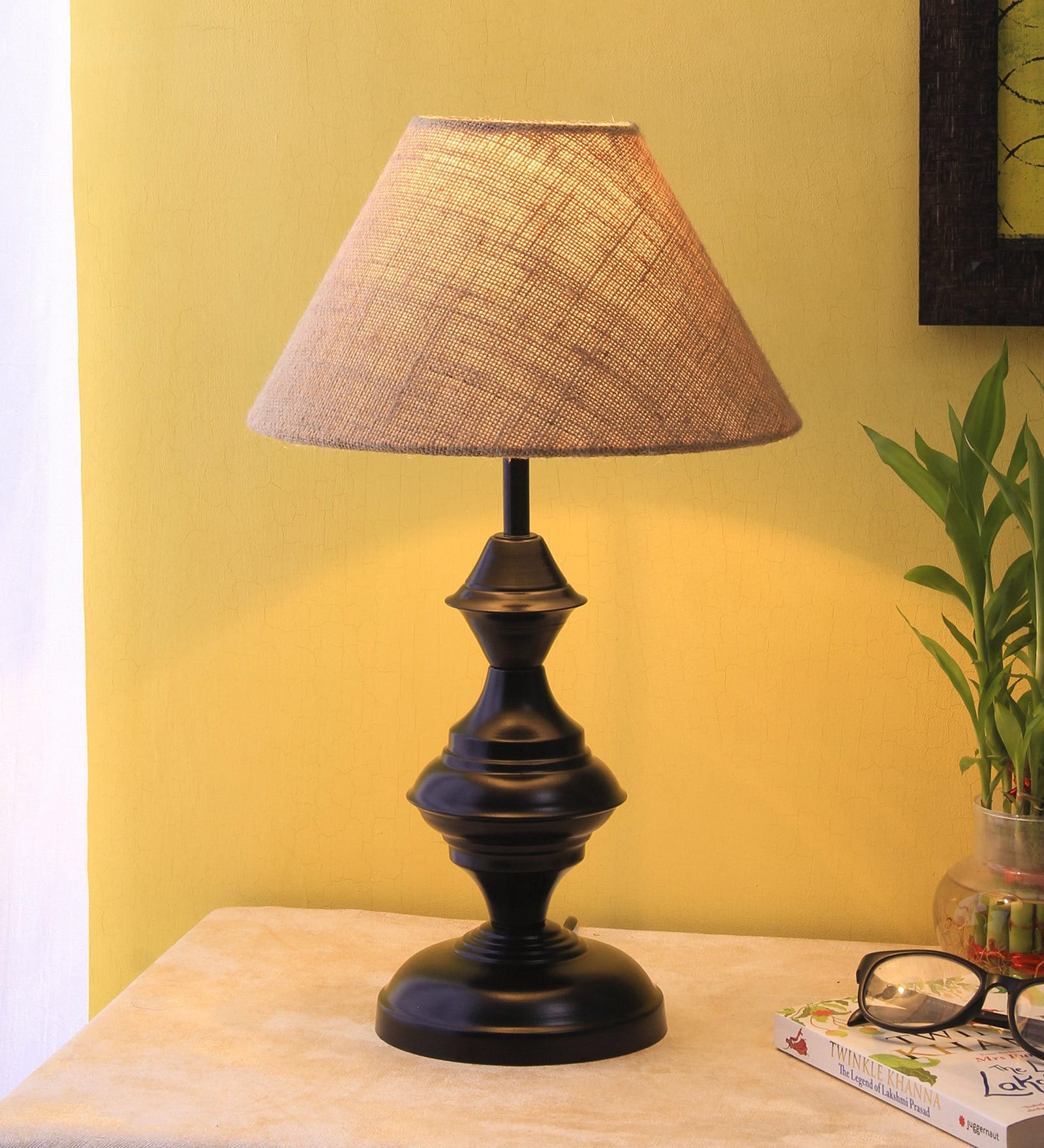 Droplet Beige Jute Shade Night Lamp With Iron Base