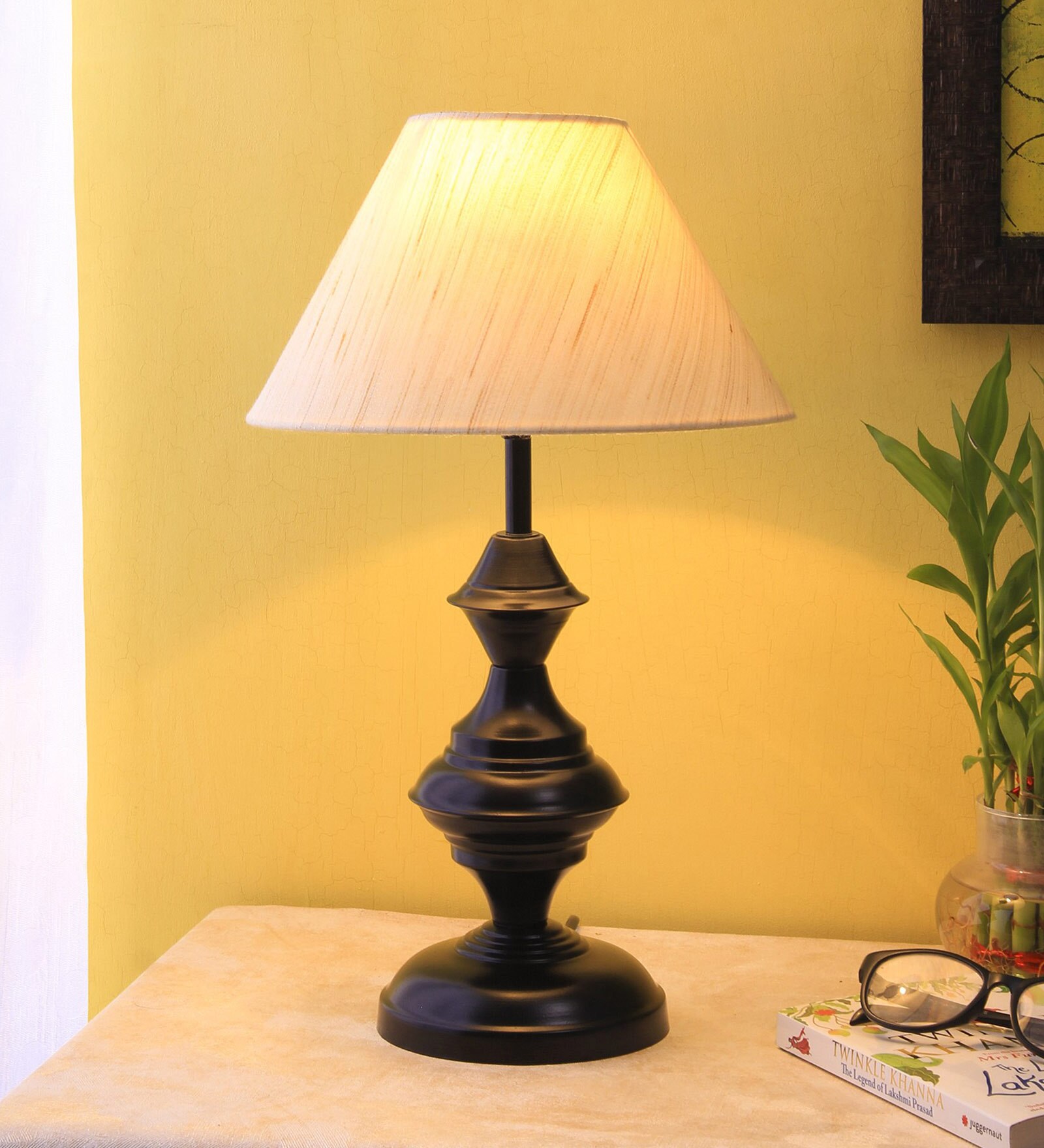 Designer Mota Katori Wrought Iron Off White Cotton Shade Table Lamp with Black Base