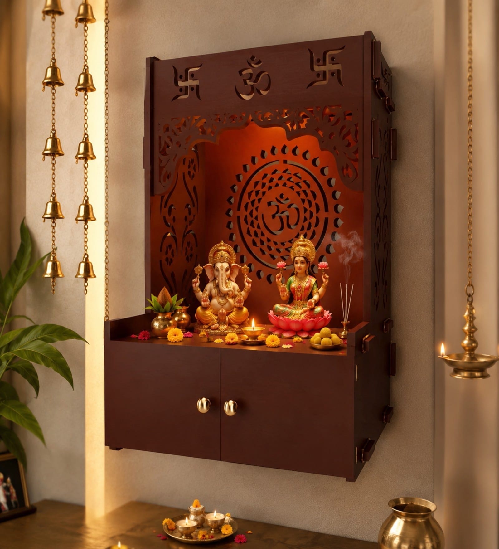 Designer Om Chakra Brown Wood Temple with Inbuilt Focus Light & Spacious Shelf