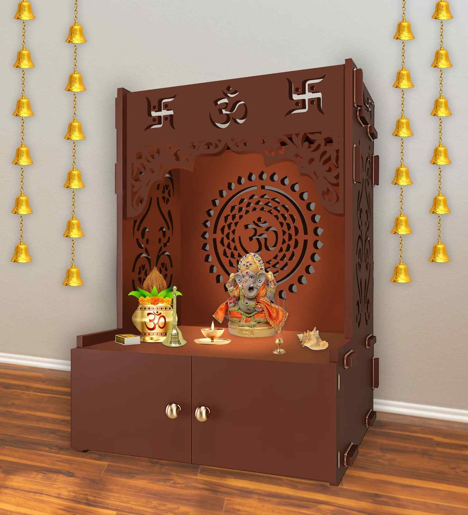 Brown Finish Designer Om Chakra Floor Temple with Spacious Wooden Shelf & Inbuilt Focus Light