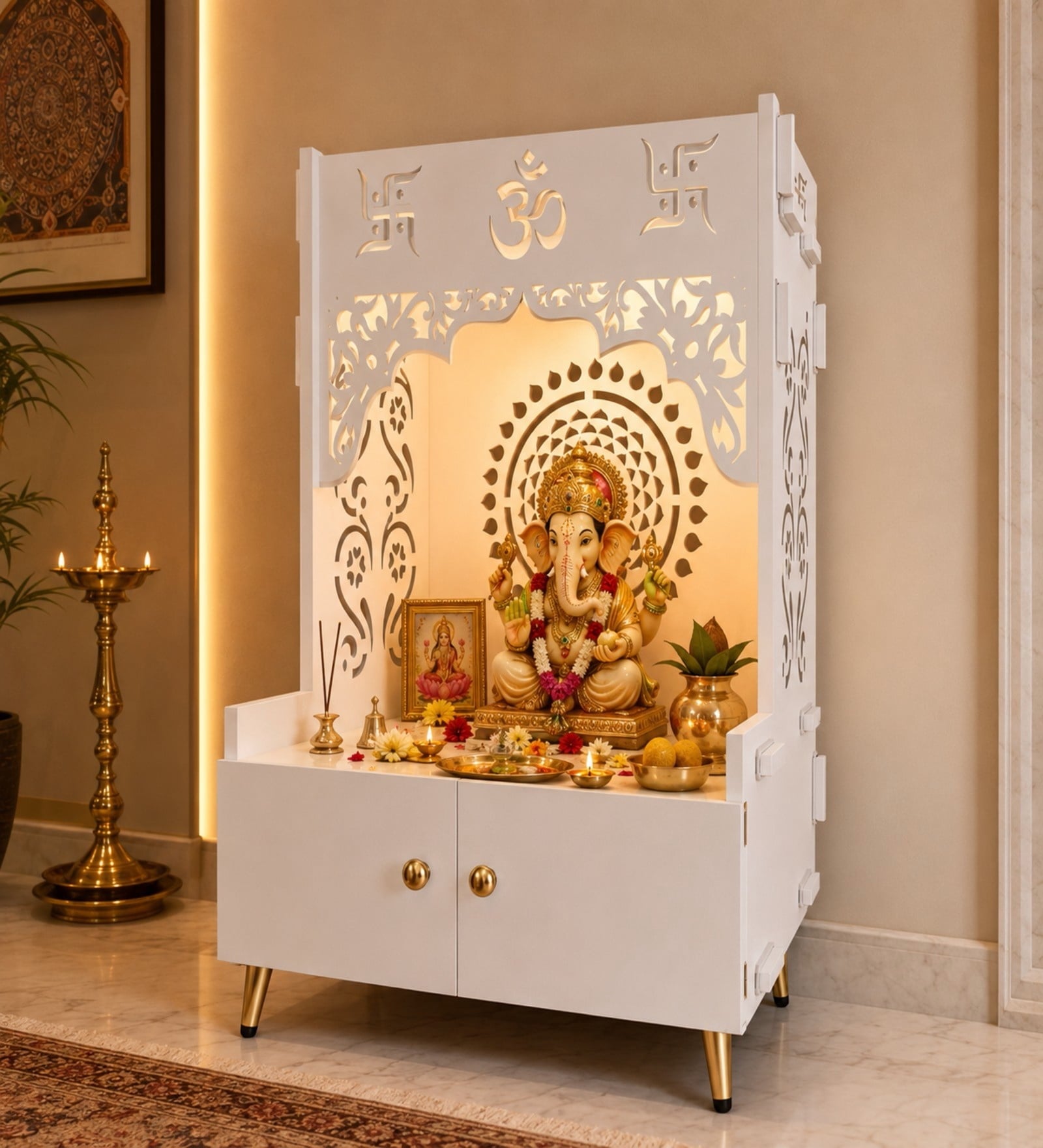 Designer Om Chakra Floor Temple with Spacious Wooden Shelf & Inbuilt Focus Light- White Finish
