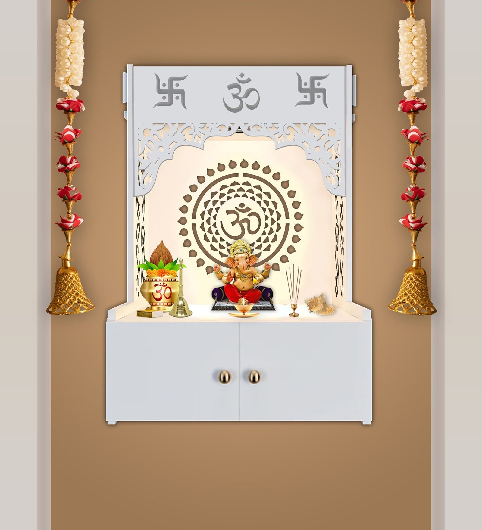 Designer Om Chakra White Wood Temple with Inbuilt Focus Light & Spacious Shelf