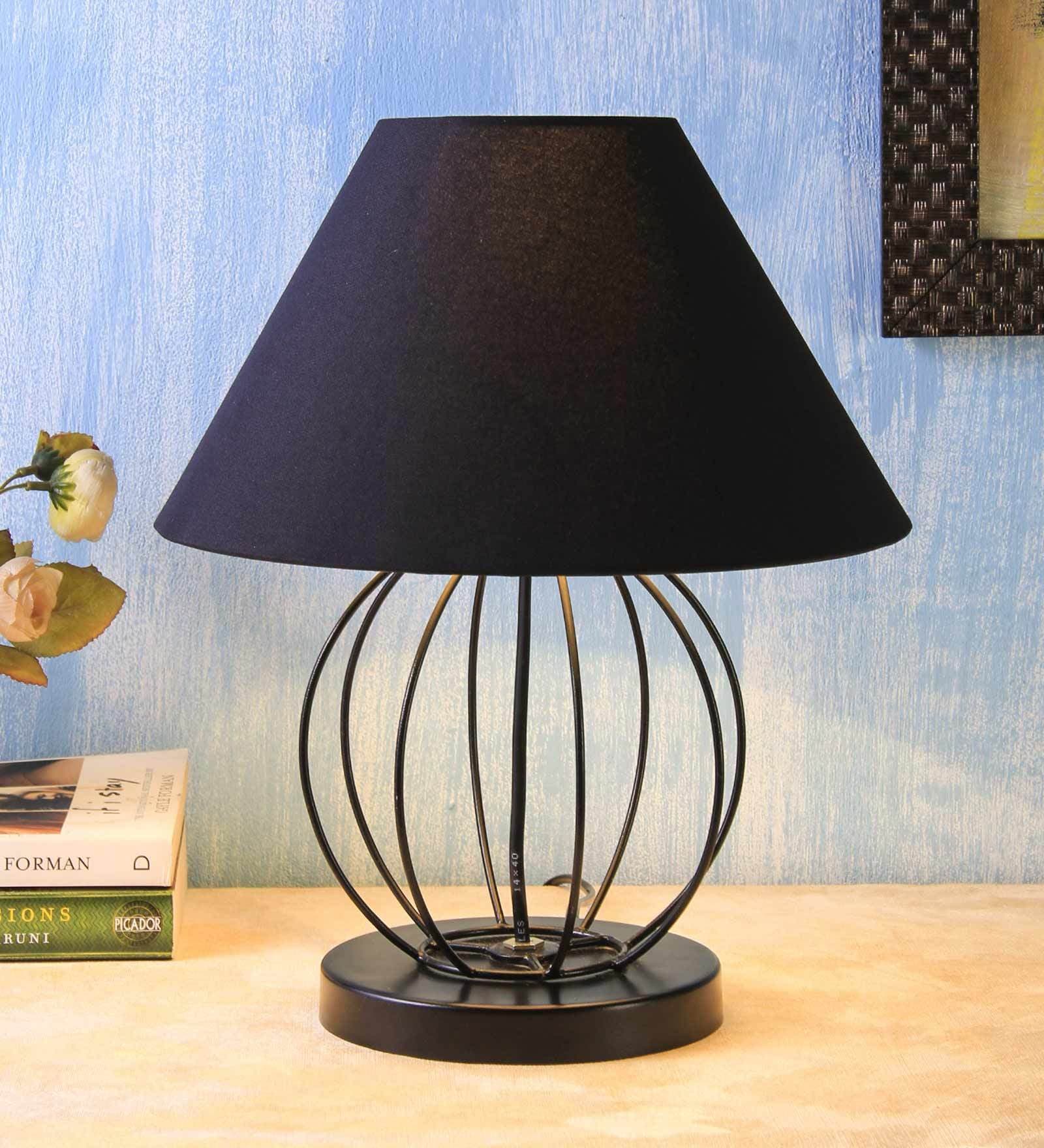 Designer Round Wrought Iron Black Cotton Shade Table Lamp With Black Base