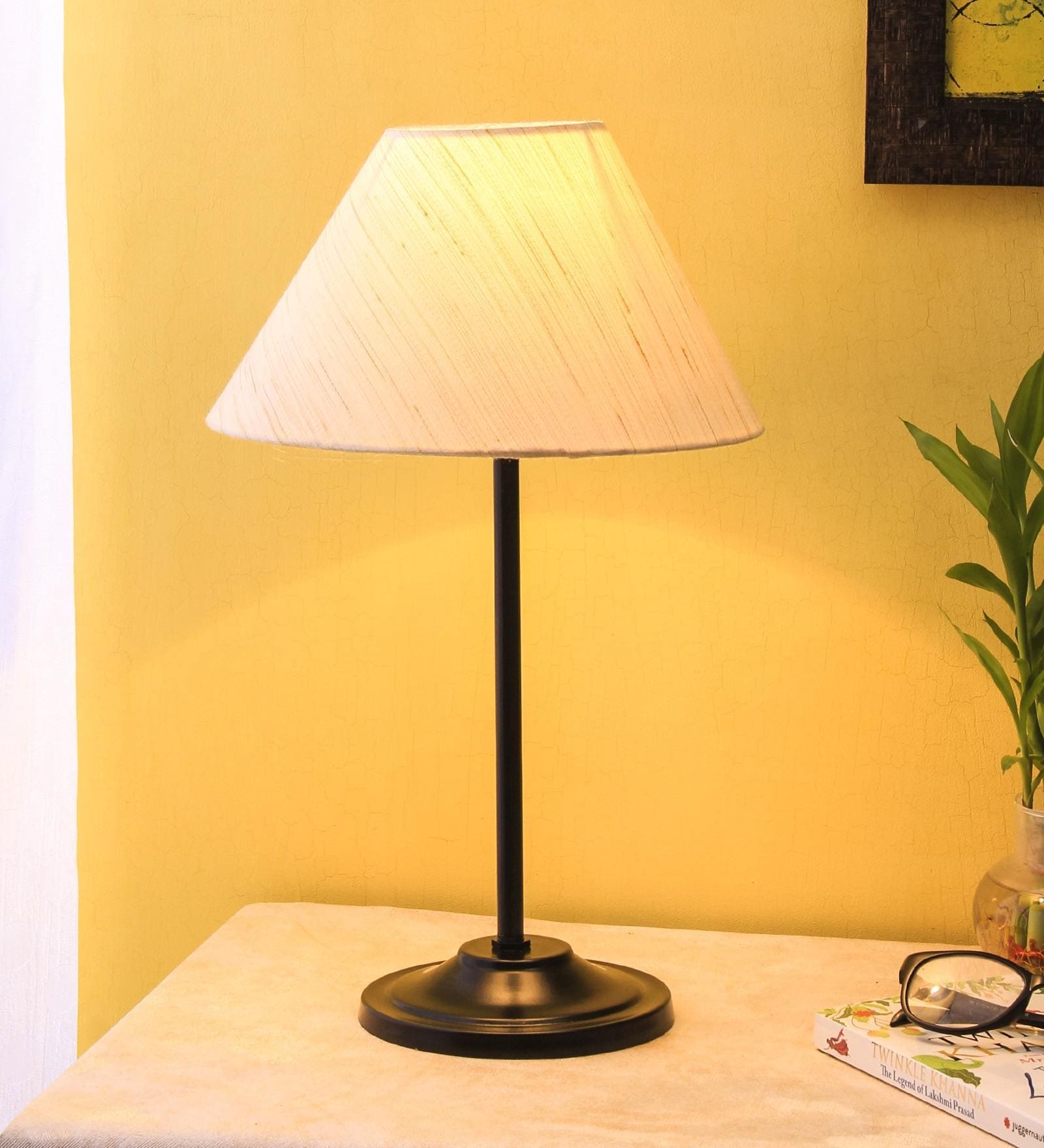 Designer Stick Wrought Iron Off White Cotton Shade Table Lamp With Black Base