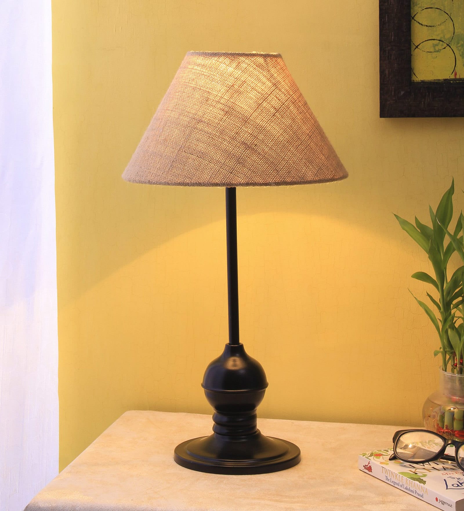 Designer Tea Ball Wrought Iron Beige Jute Shade Table Lamp With Black Base