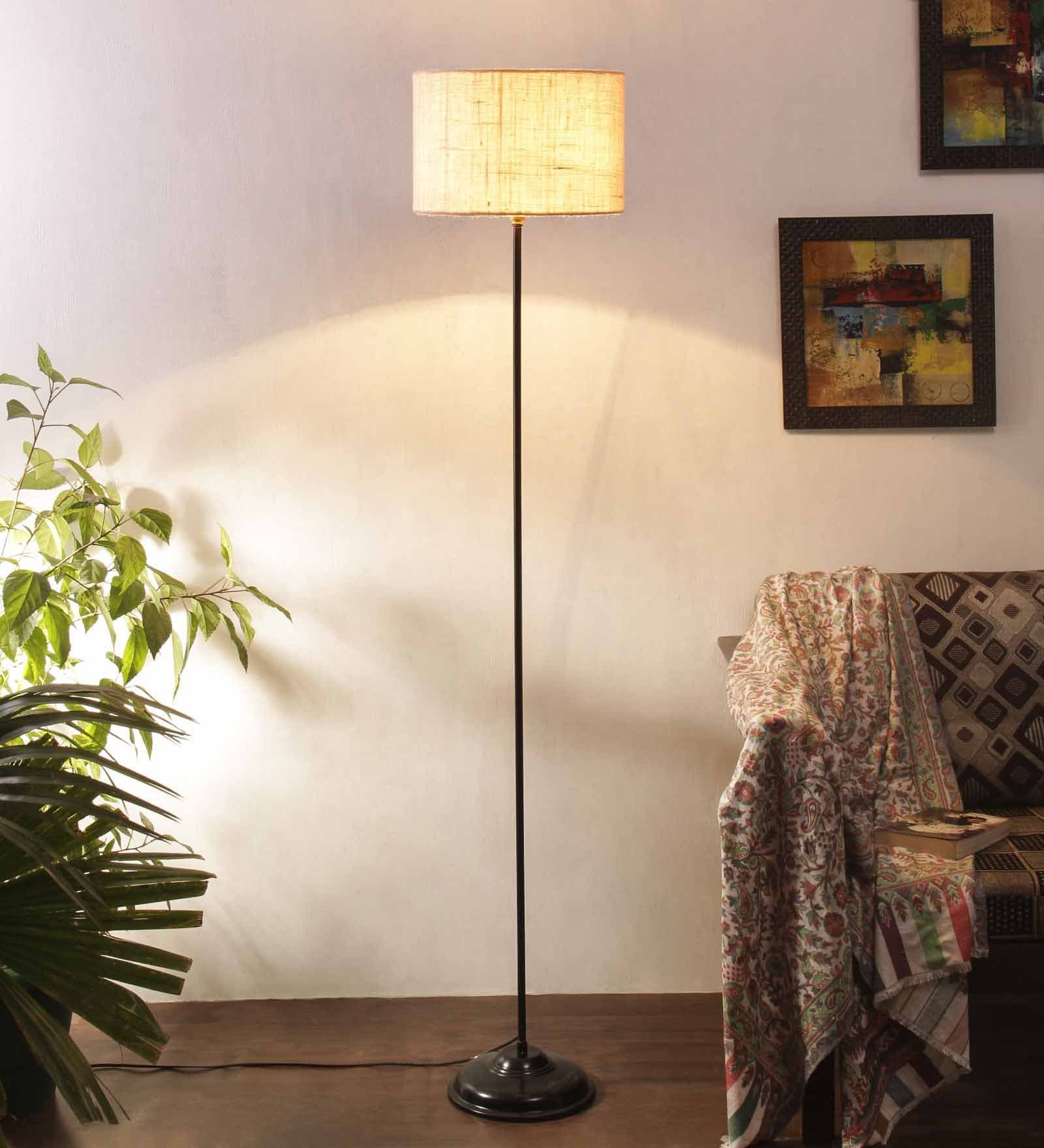 Speckle White Jute Shade Club Floor Lamp With Iron Base